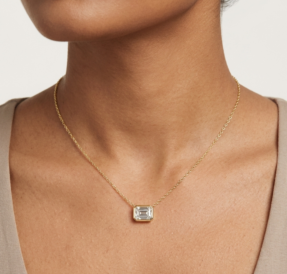Gold 2 5Ct Bezel Solitaire Emerald Lab Grown Diamond Bailey Pendant