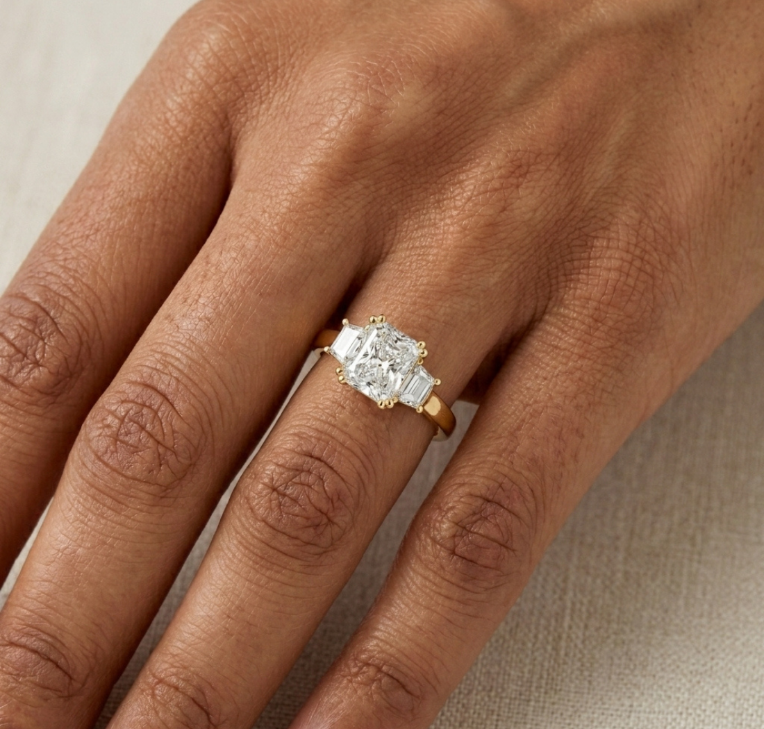 Gold 1Ct Three Stone Radiant Trapezoid Lab Grown Diamond Benjam Ring