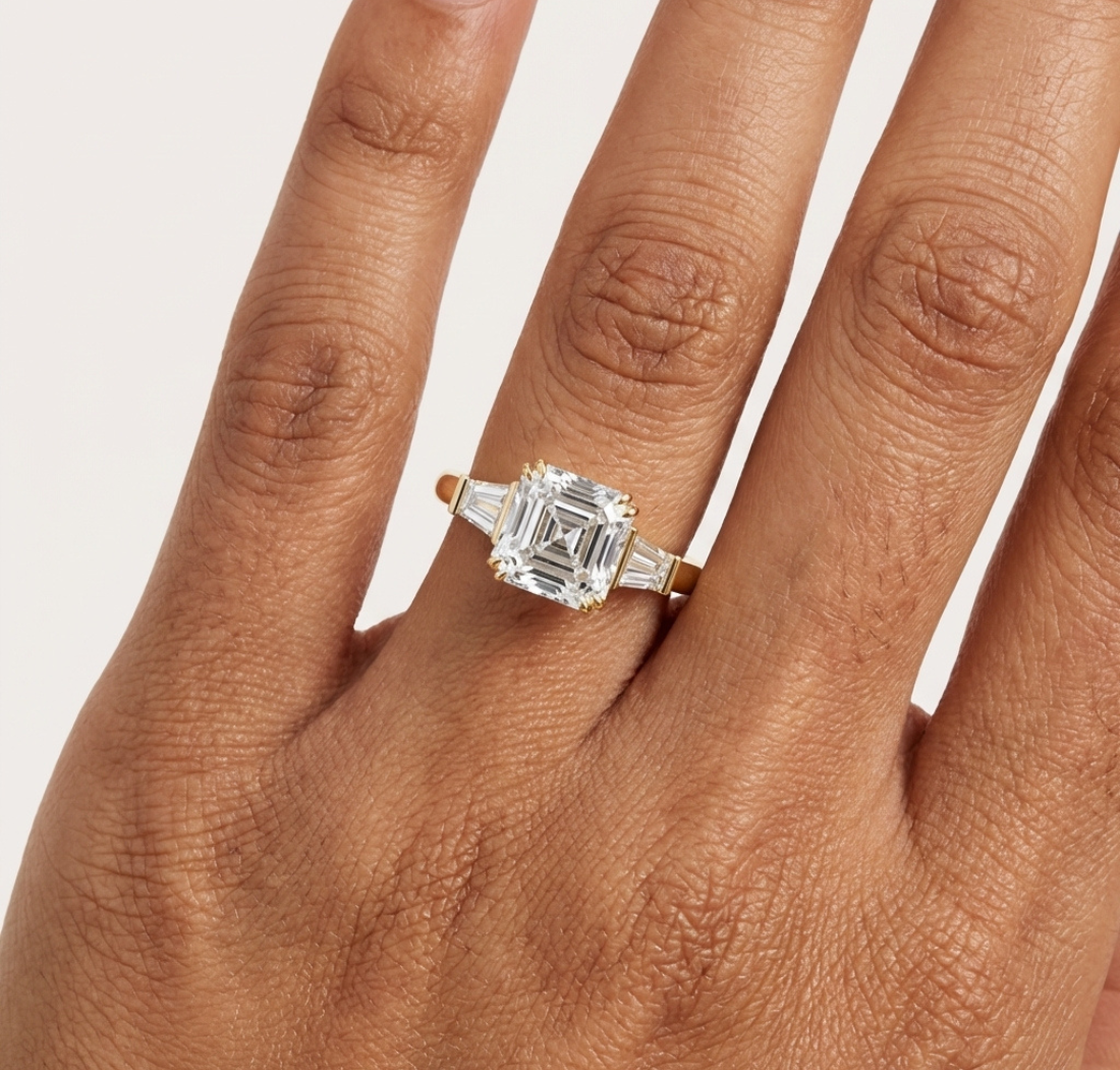 Gold 1Ct Emerald Cut Three Stone Lab Grown Diamond Bronti Ring