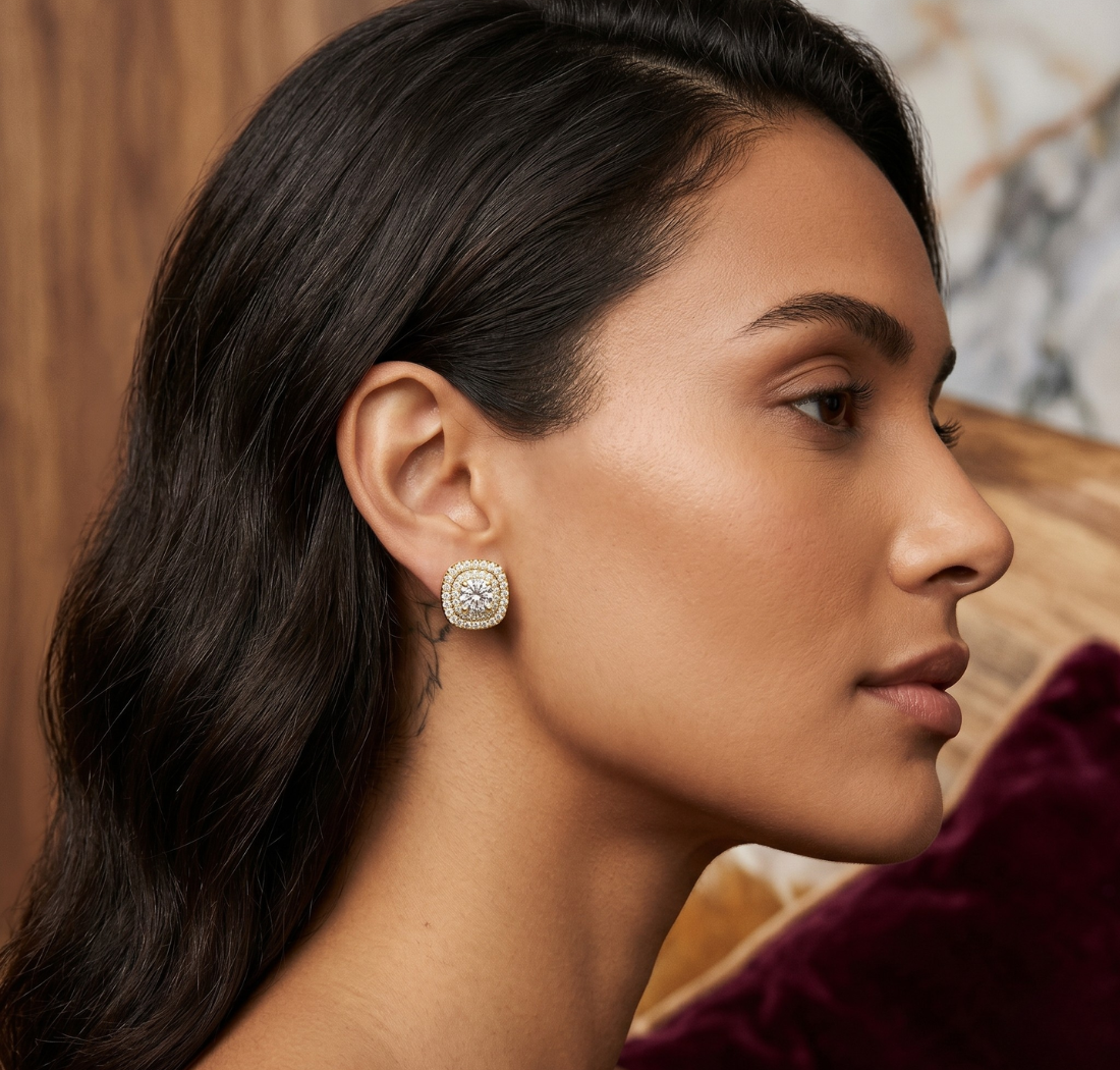 Gold 2 5Ct Round Designer Double Halo Lab Grown Diamond Stud Earrings