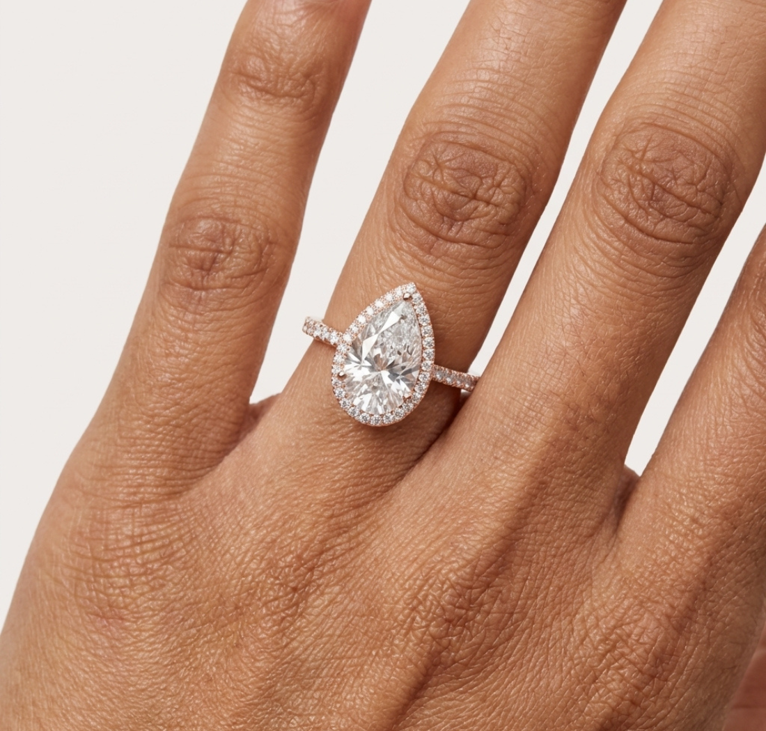 Gold 4Ct Pear Halo Pave Lab Grown Diamond Cinna Ring