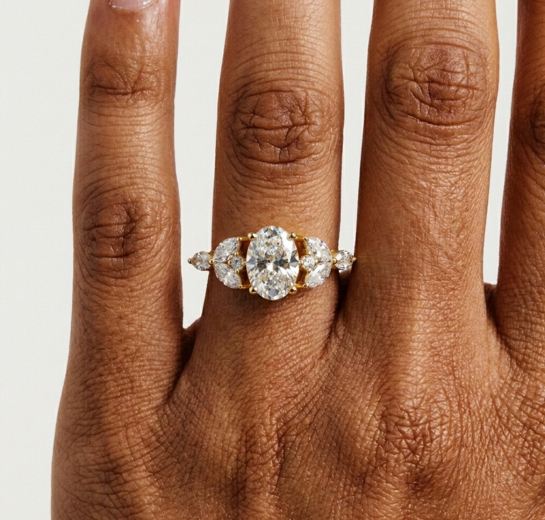 Gold Trilogy Setting Oval Marquise Lab Grown Diamond Cirel Ring