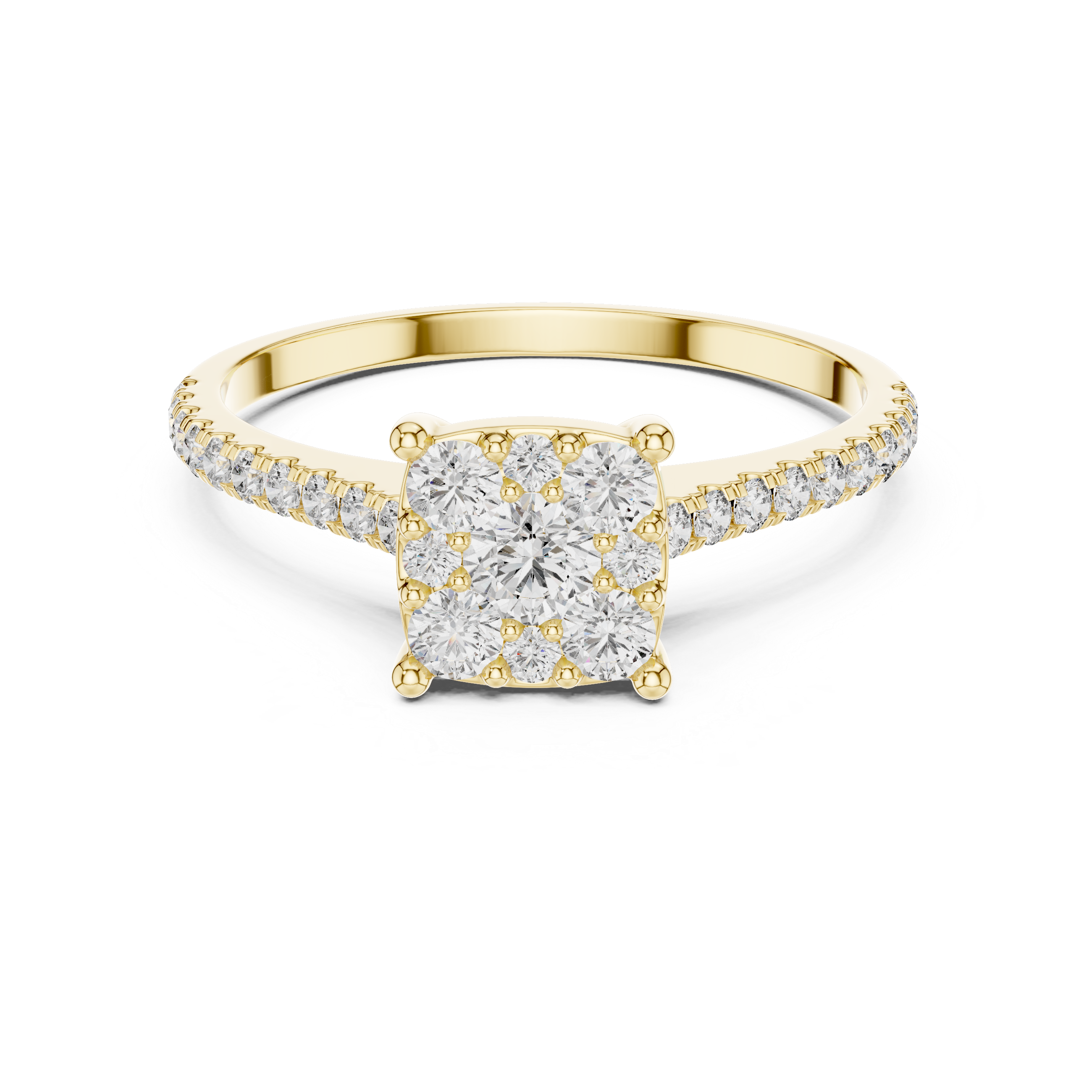 Gold Cushion Cluster Pave Solitaire Round Lab Grown Diamond Alyra Ring