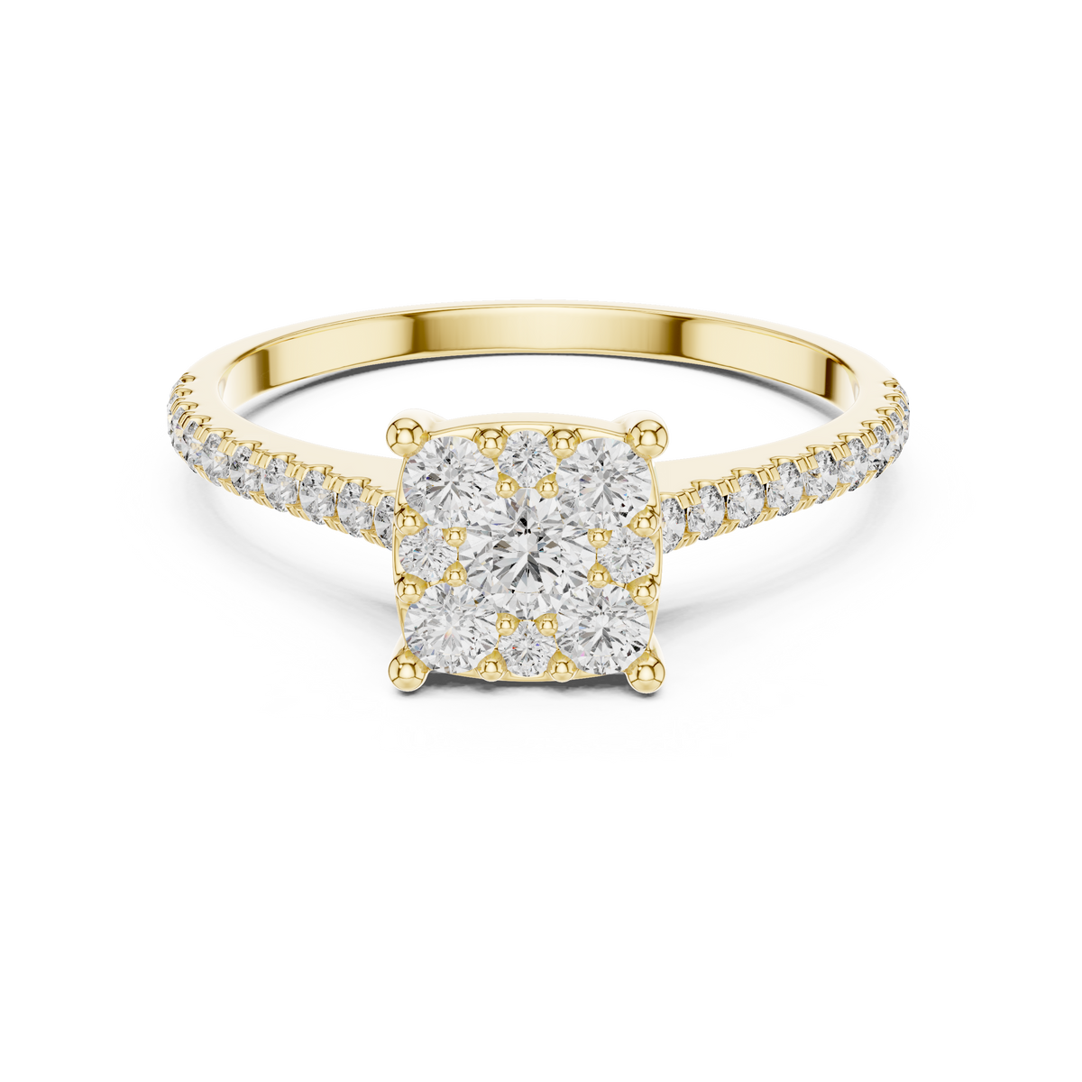 Gold Cushion Cluster Pave Solitaire Round Lab Grown Diamond Alyra Ring