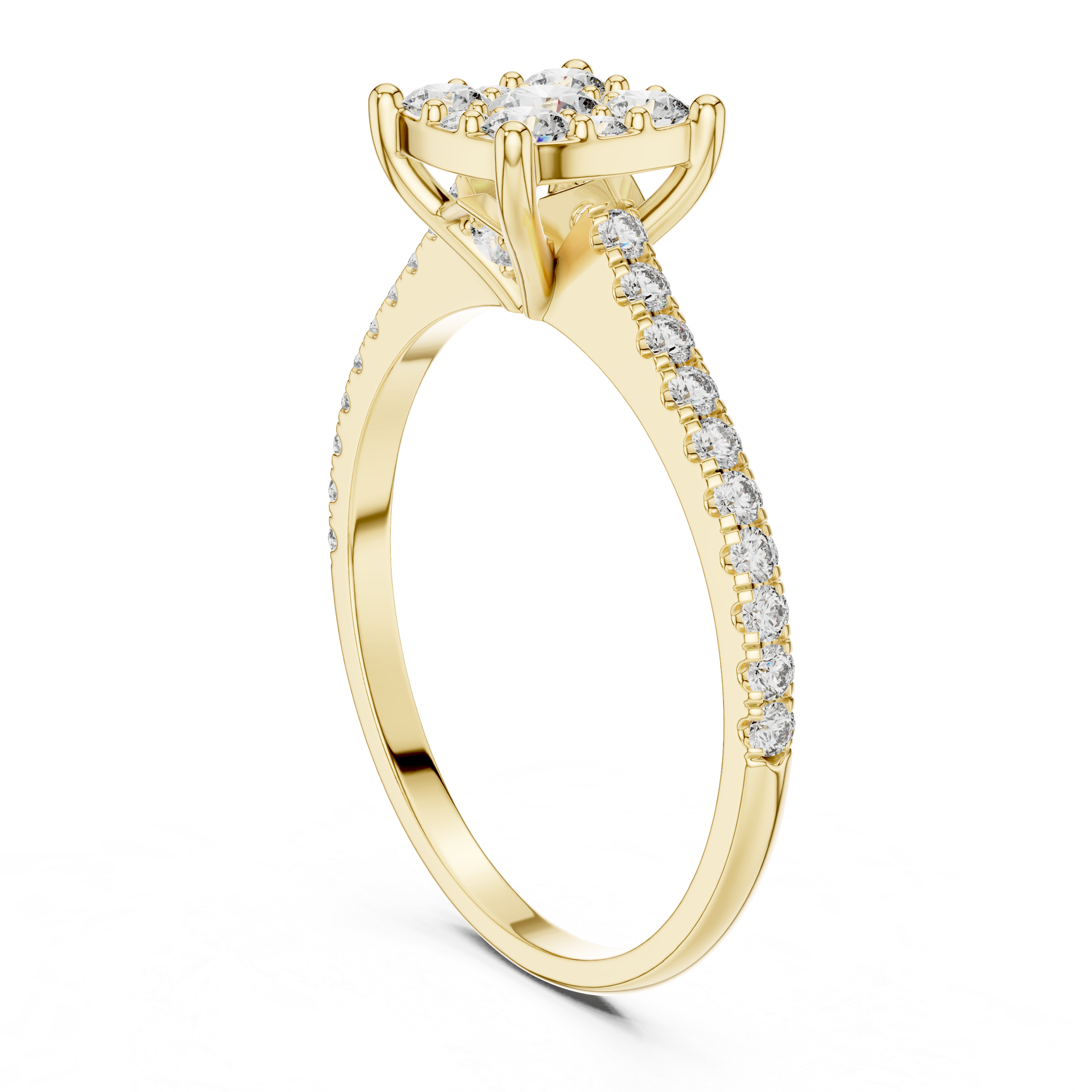 Gold Cushion Cluster Pave Solitaire Round Lab Grown Diamond Alyra Ring