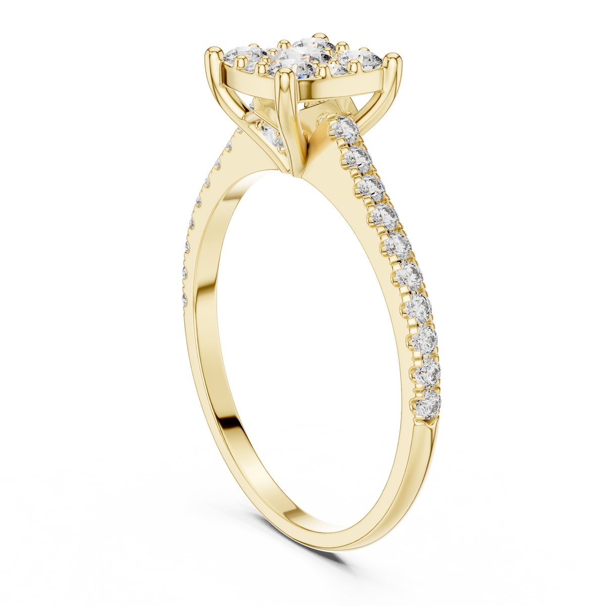 Gold Cushion Cluster Pave Solitaire Round Lab Grown Diamond Alyra Ring