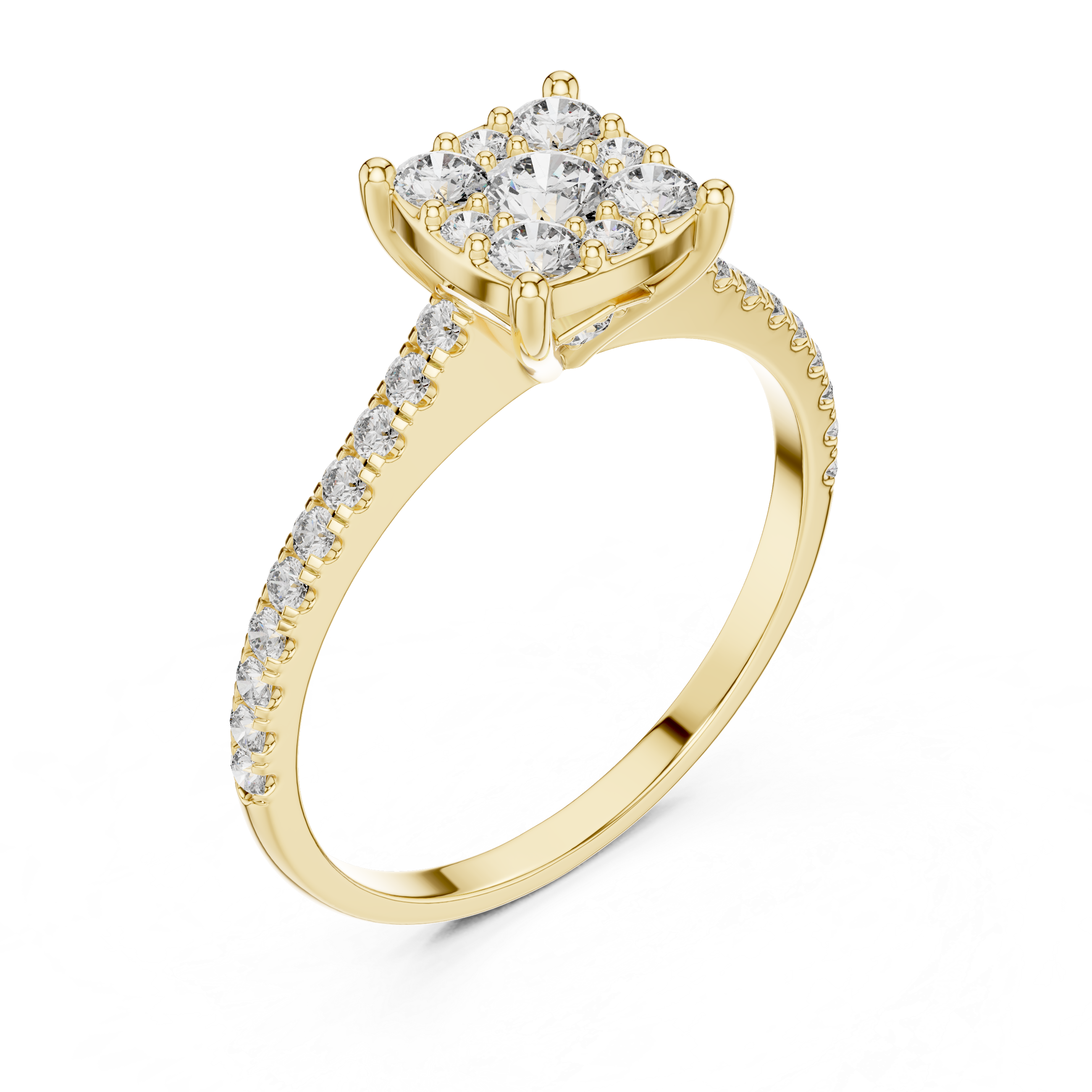 Gold Cushion Cluster Pave Solitaire Round Lab Grown Diamond Alyra Ring