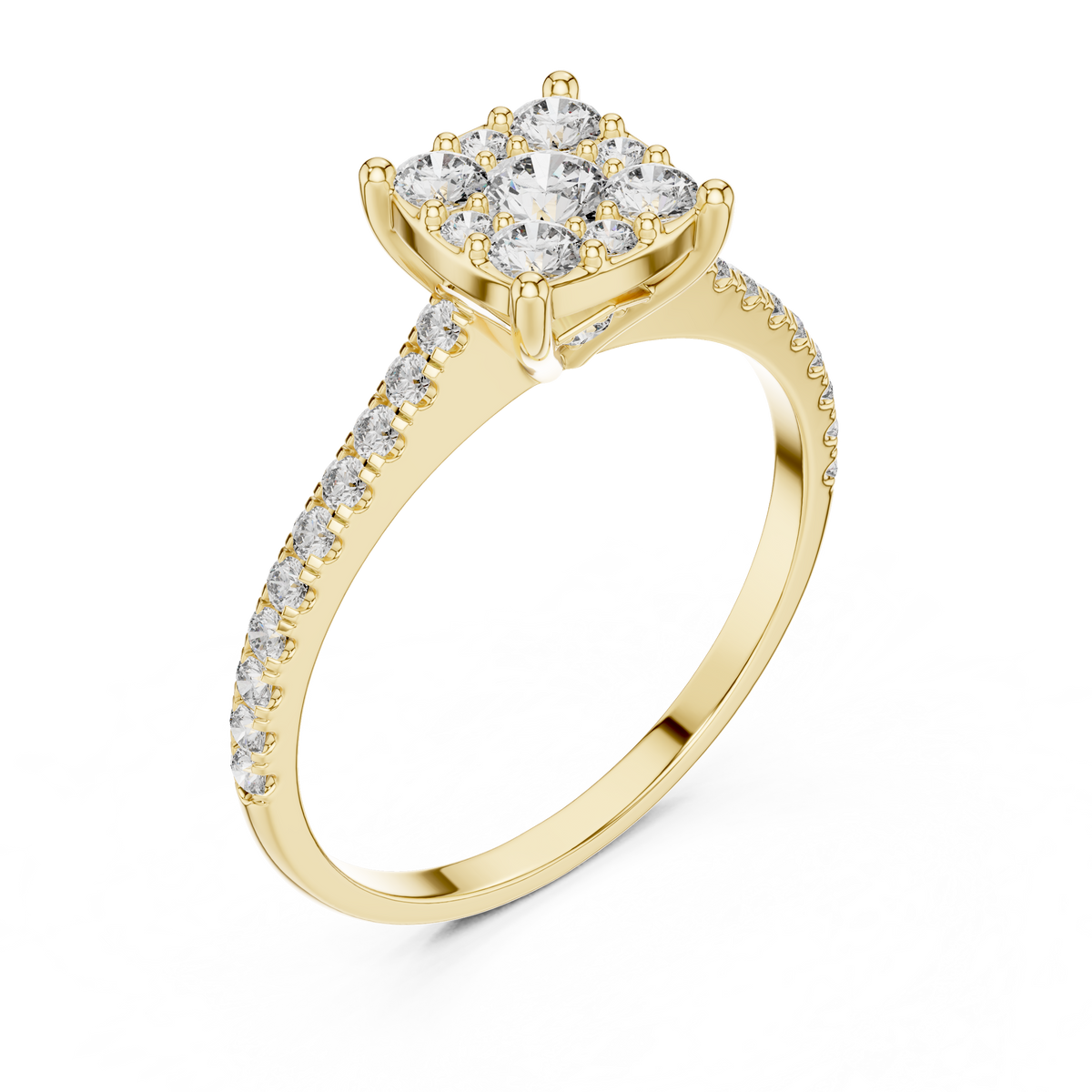 Gold Cushion Cluster Pave Solitaire Round Lab Grown Diamond Alyra Ring