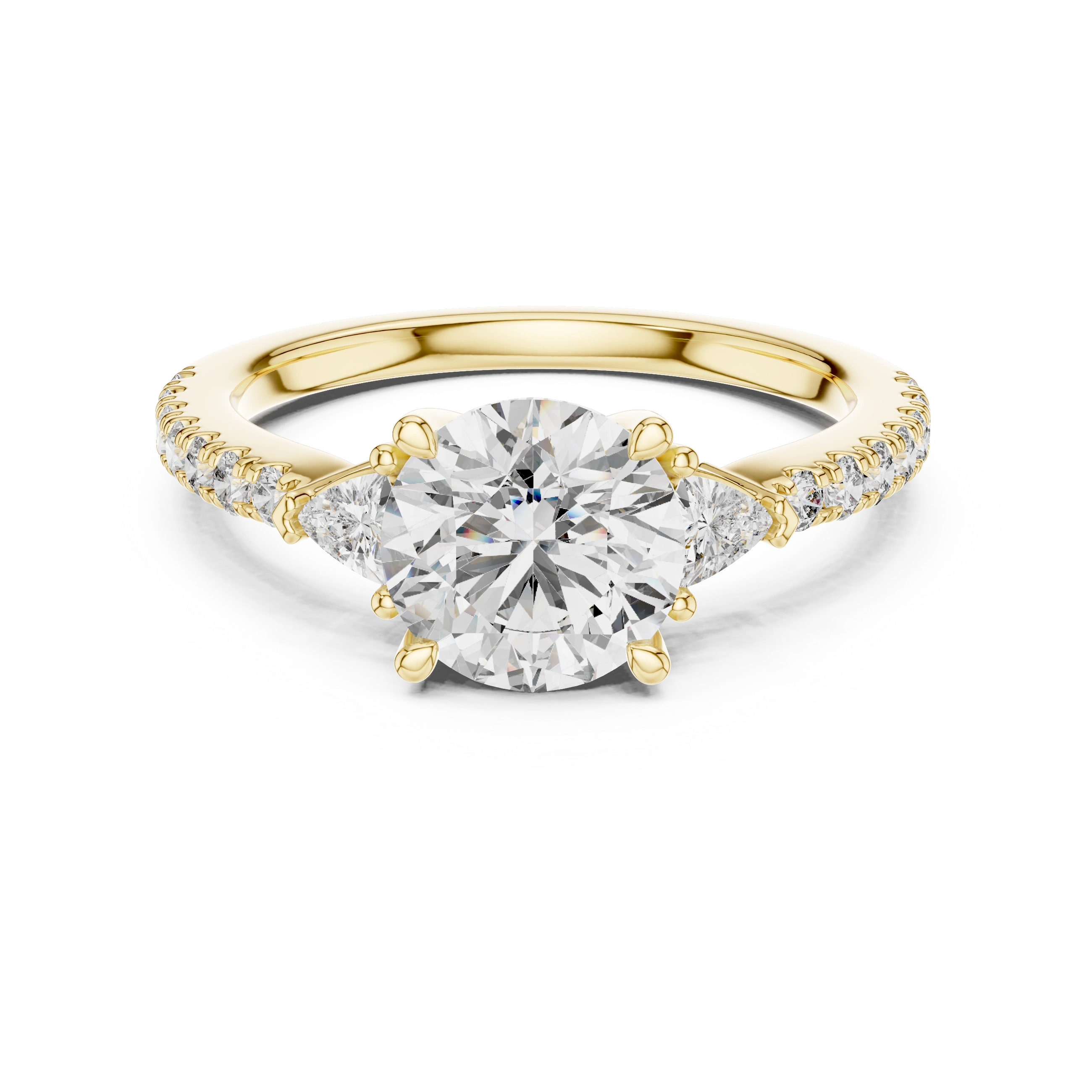 Gold 1Ct Kairi Round Solitaire Lab Grown Diamond Trilliant Side Stone Ring