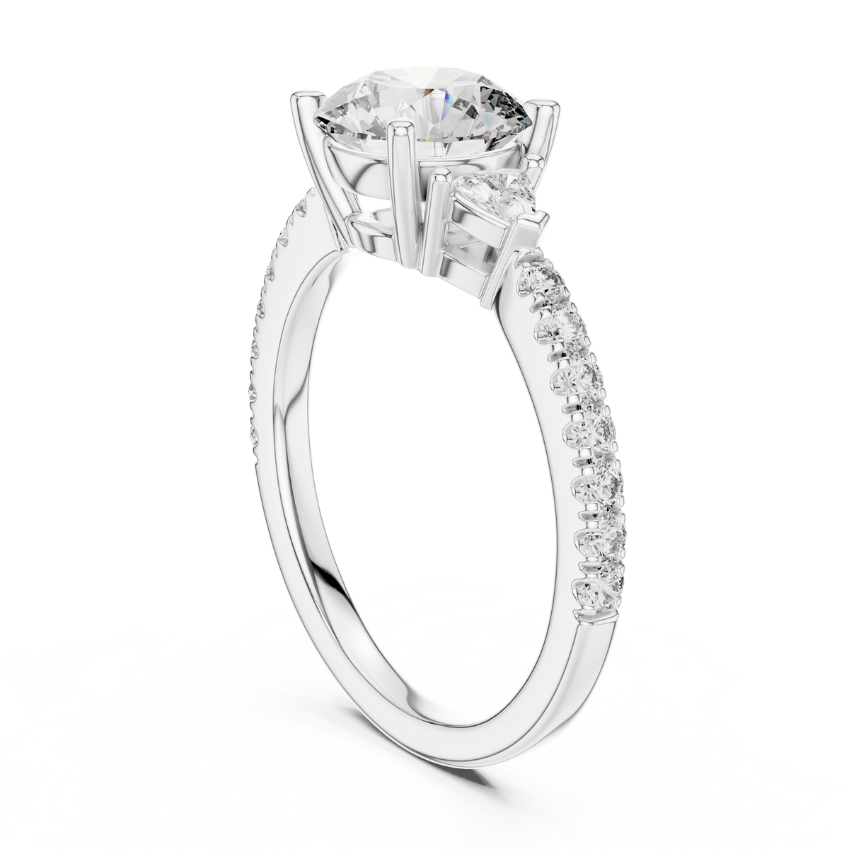 Gold 1Ct Kairi Round Solitaire Lab Grown Diamond Trilliant Side Stone Ring