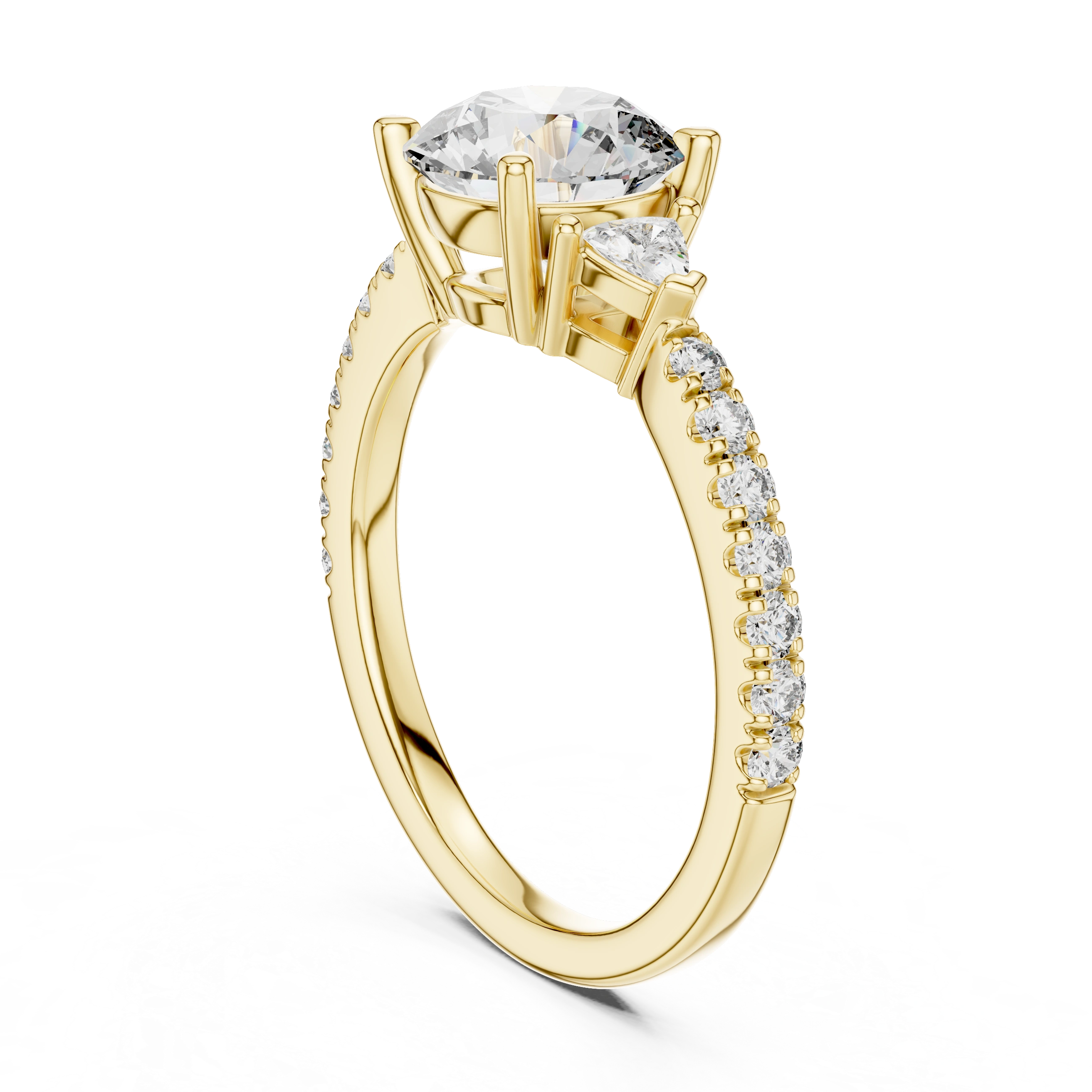 Gold 1Ct Kairi Round Solitaire Lab Grown Diamond Trilliant Side Stone Ring