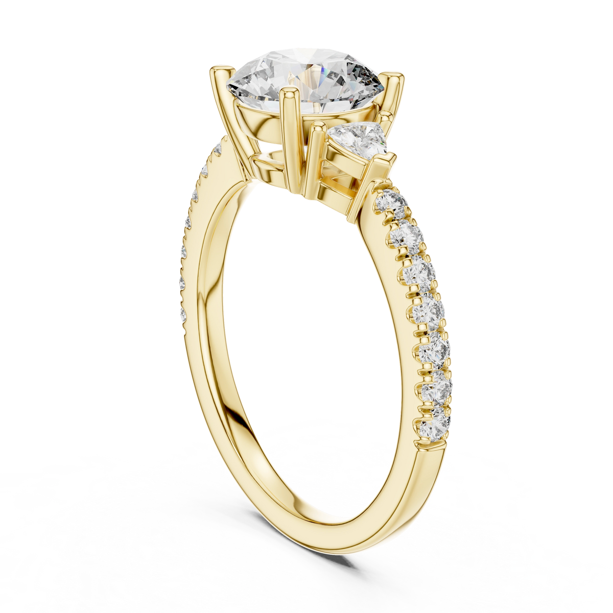 Gold 1Ct Kairi Round Solitaire Lab Grown Diamond Trilliant Side Stone Ring