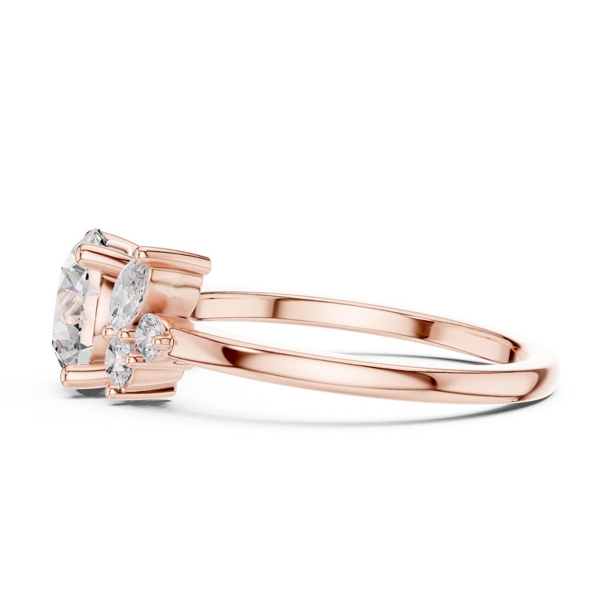 Gold 1Ct Solitaire Round Marquise Side Stone Lab Grown Diamond Nereida Ring