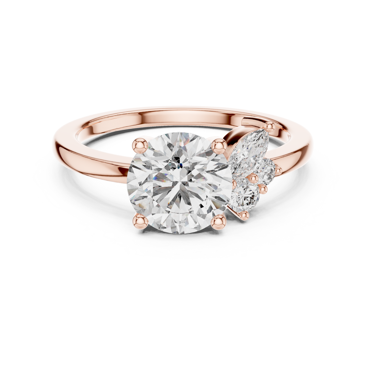 Gold 1Ct Solitaire Round Marquise Side Stone Lab Grown Diamond Nereida Ring