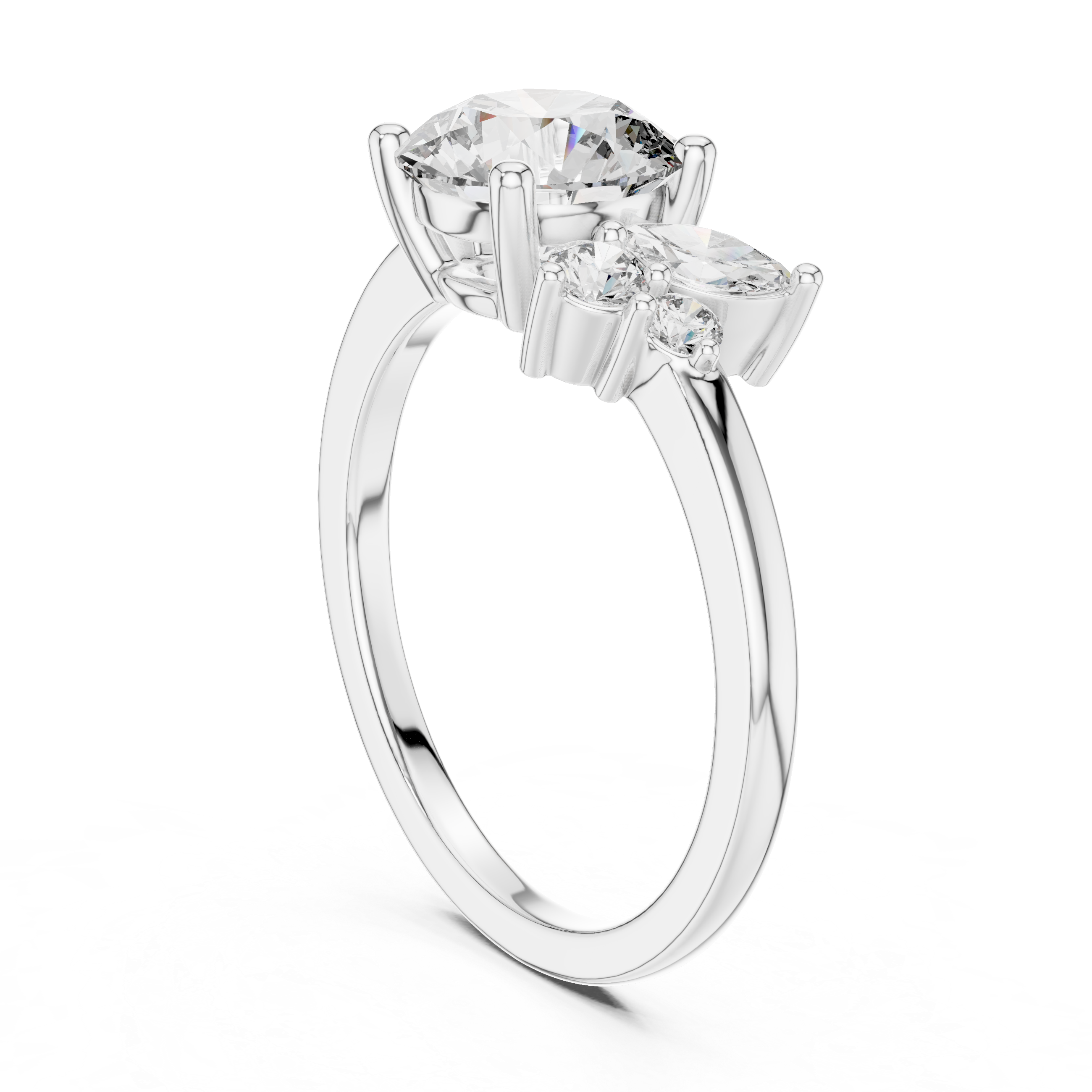Gold 1Ct Solitaire Round Marquise Side Stone Lab Grown Diamond Nereida Ring