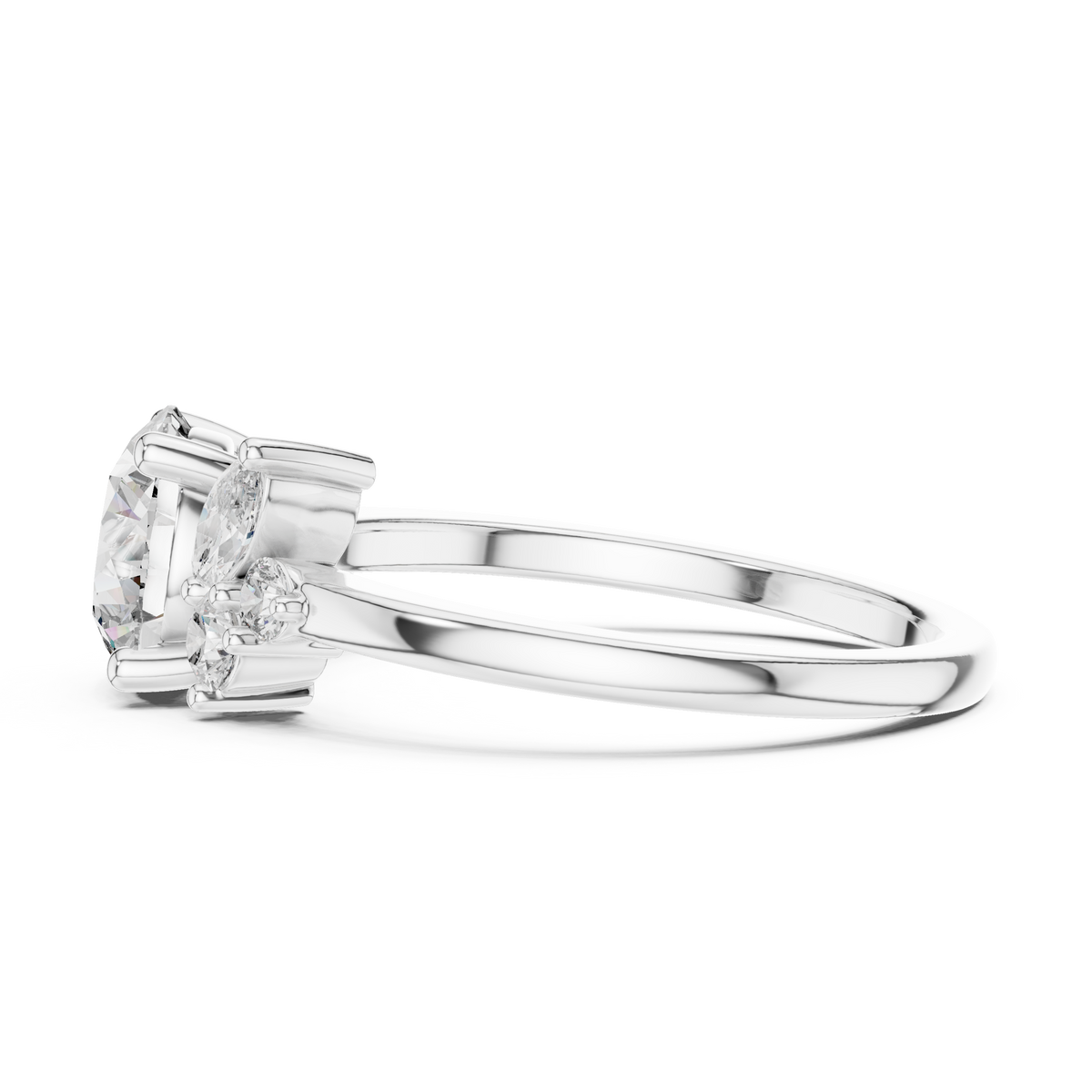 Gold 1Ct Solitaire Round Marquise Side Stone Lab Grown Diamond Nereida Ring