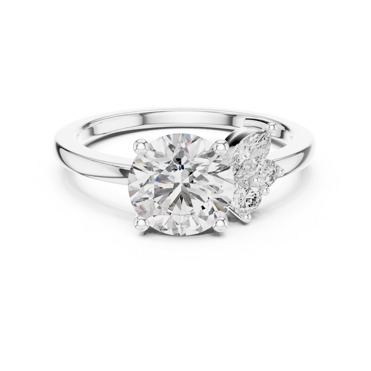 Gold 1Ct Solitaire Round Marquise Side Stone Lab Grown Diamond Nereida Ring
