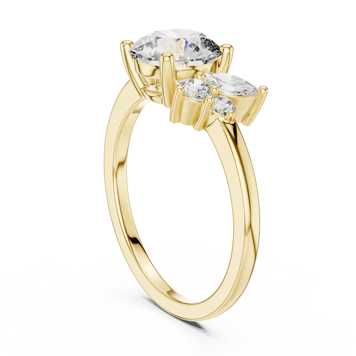 Gold 1Ct Solitaire Round Marquise Side Stone Lab Grown Diamond Nereida Ring
