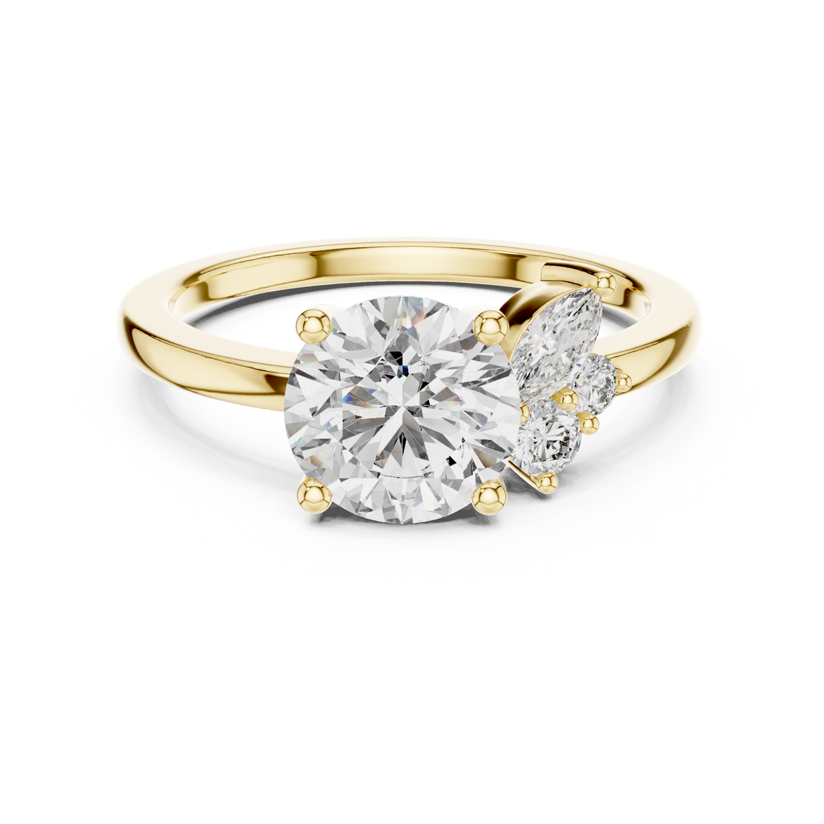 Gold 1Ct Solitaire Round Marquise Side Stone Lab Grown Diamond Nereida Ring