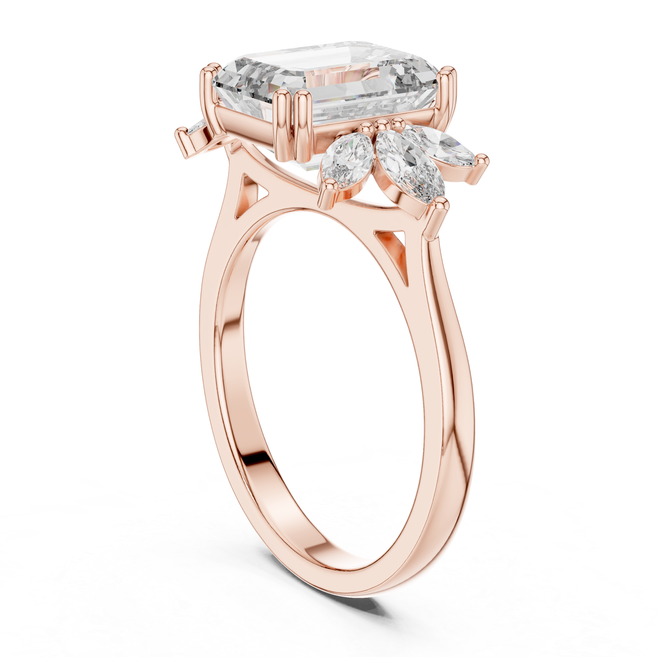 Gold 3Ct Solitaire Emerald Marquise Side Stone Lab Grown Diamond Erato Ring