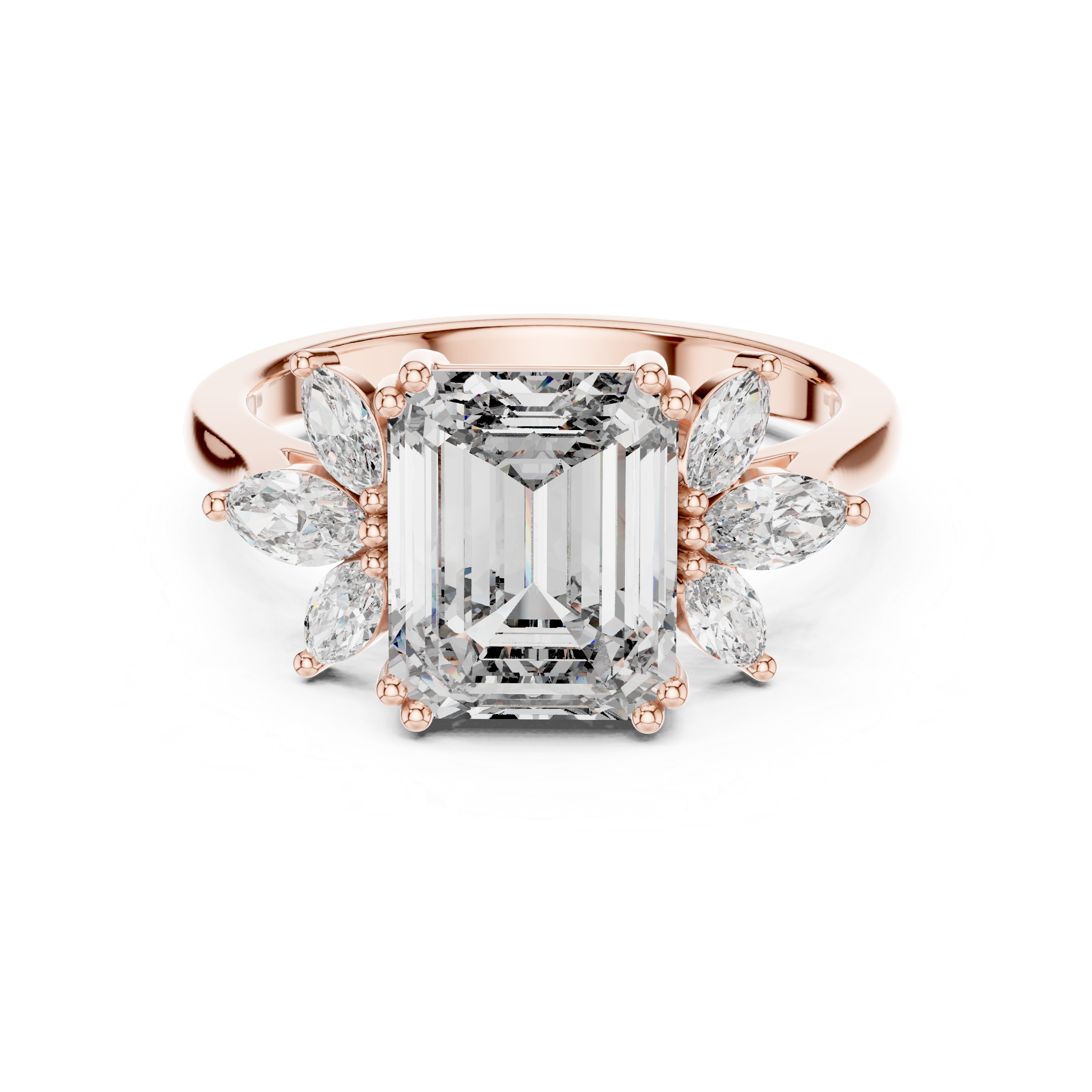 Gold 3Ct Solitaire Emerald Marquise Side Stone Lab Grown Diamond Erato Ring
