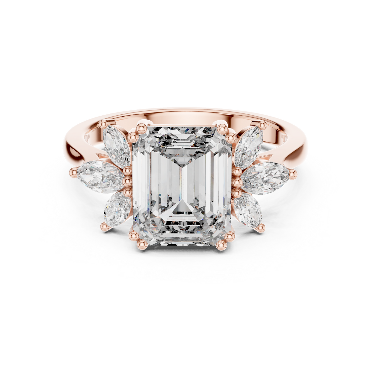 Gold 3Ct Solitaire Emerald Marquise Side Stone Lab Grown Diamond Erato Ring