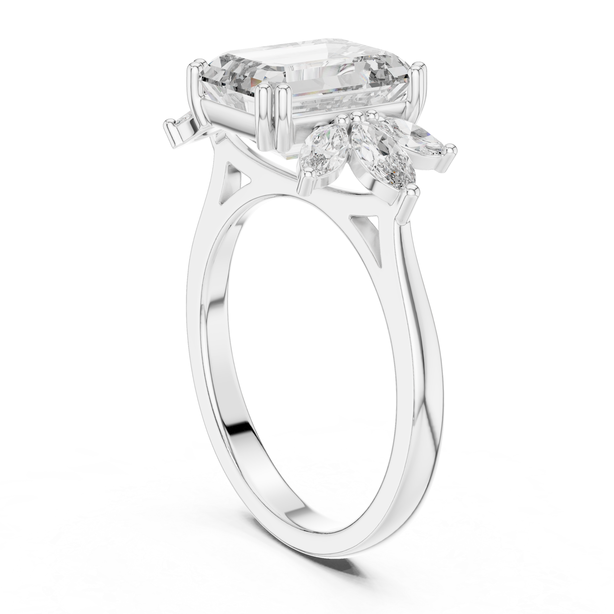 Gold 3Ct Solitaire Emerald Marquise Side Stone Lab Grown Diamond Erato Ring