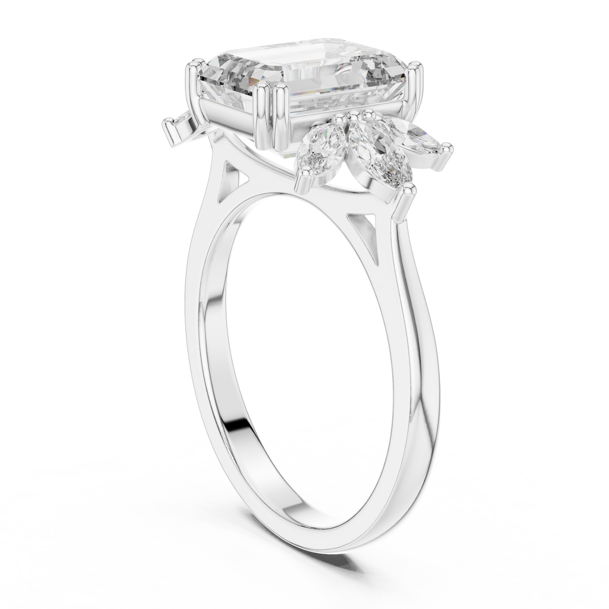 Gold 3Ct Solitaire Emerald Marquise Side Stone Lab Grown Diamond Erato Ring