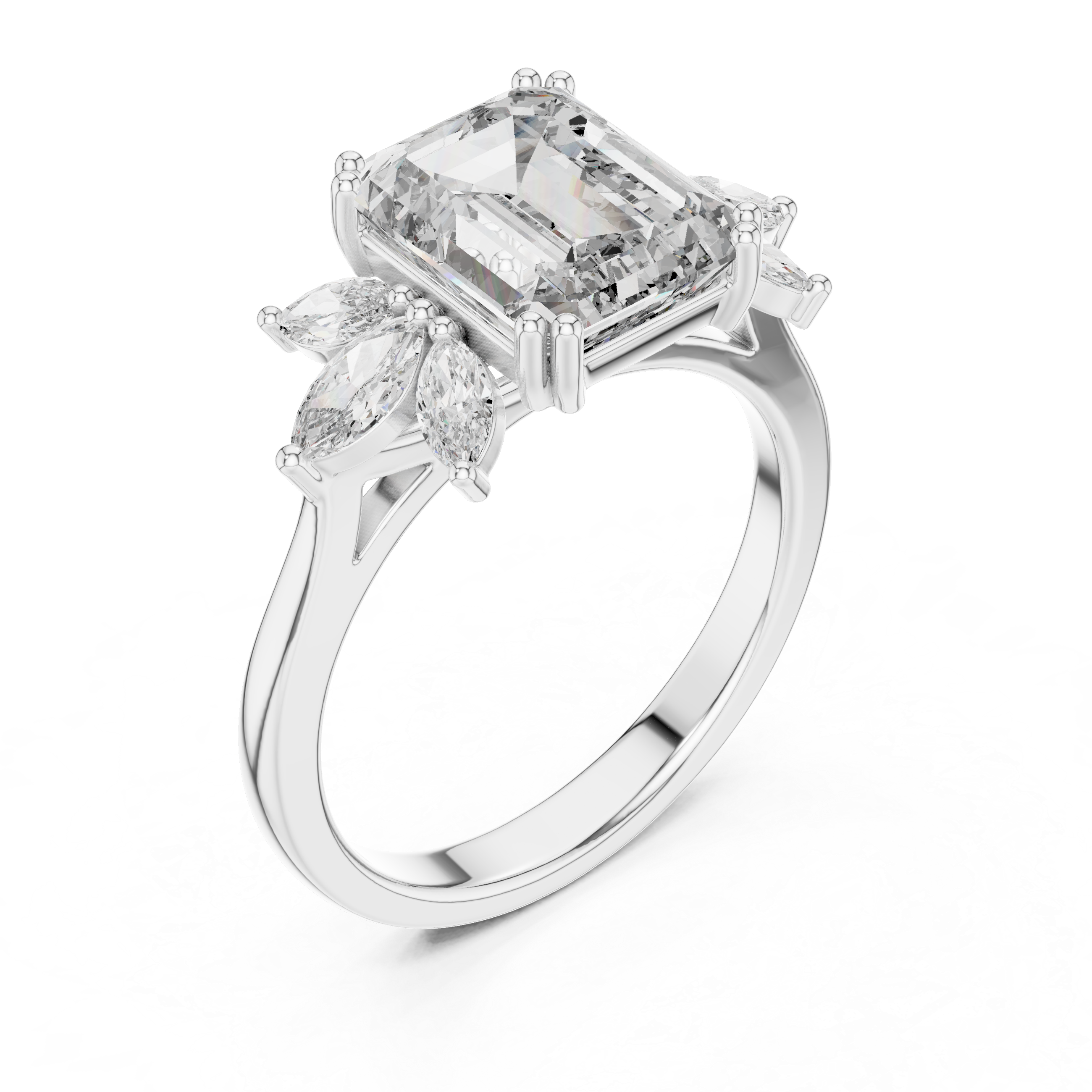 Gold 3Ct Solitaire Emerald Marquise Side Stone Lab Grown Diamond Erato Ring