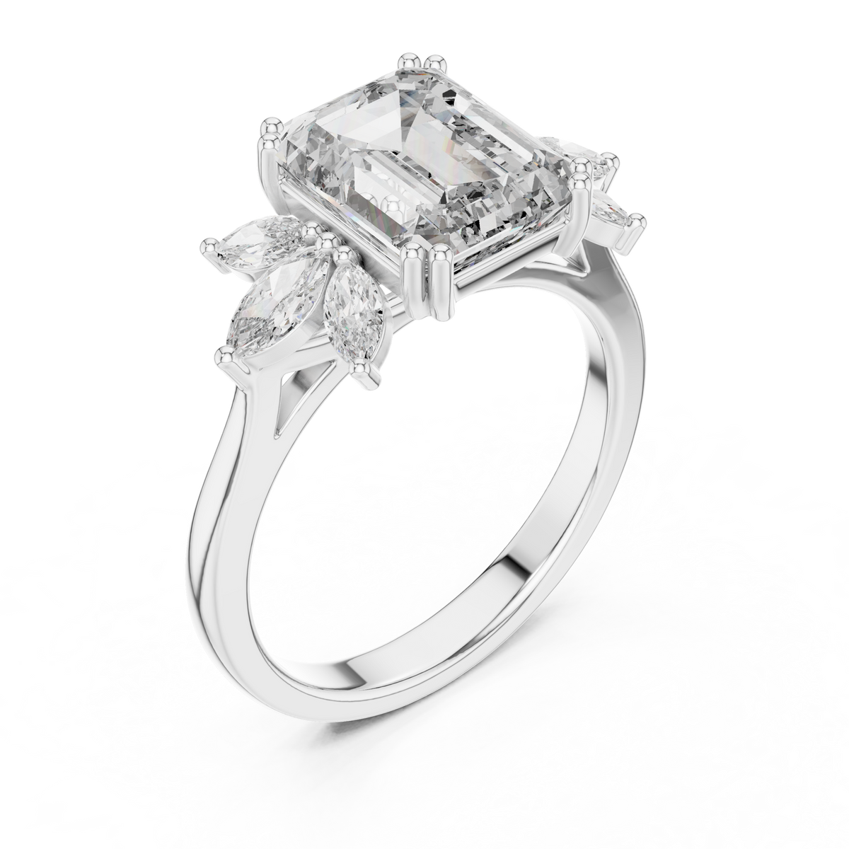 Gold 3Ct Solitaire Emerald Marquise Side Stone Lab Grown Diamond Erato Ring