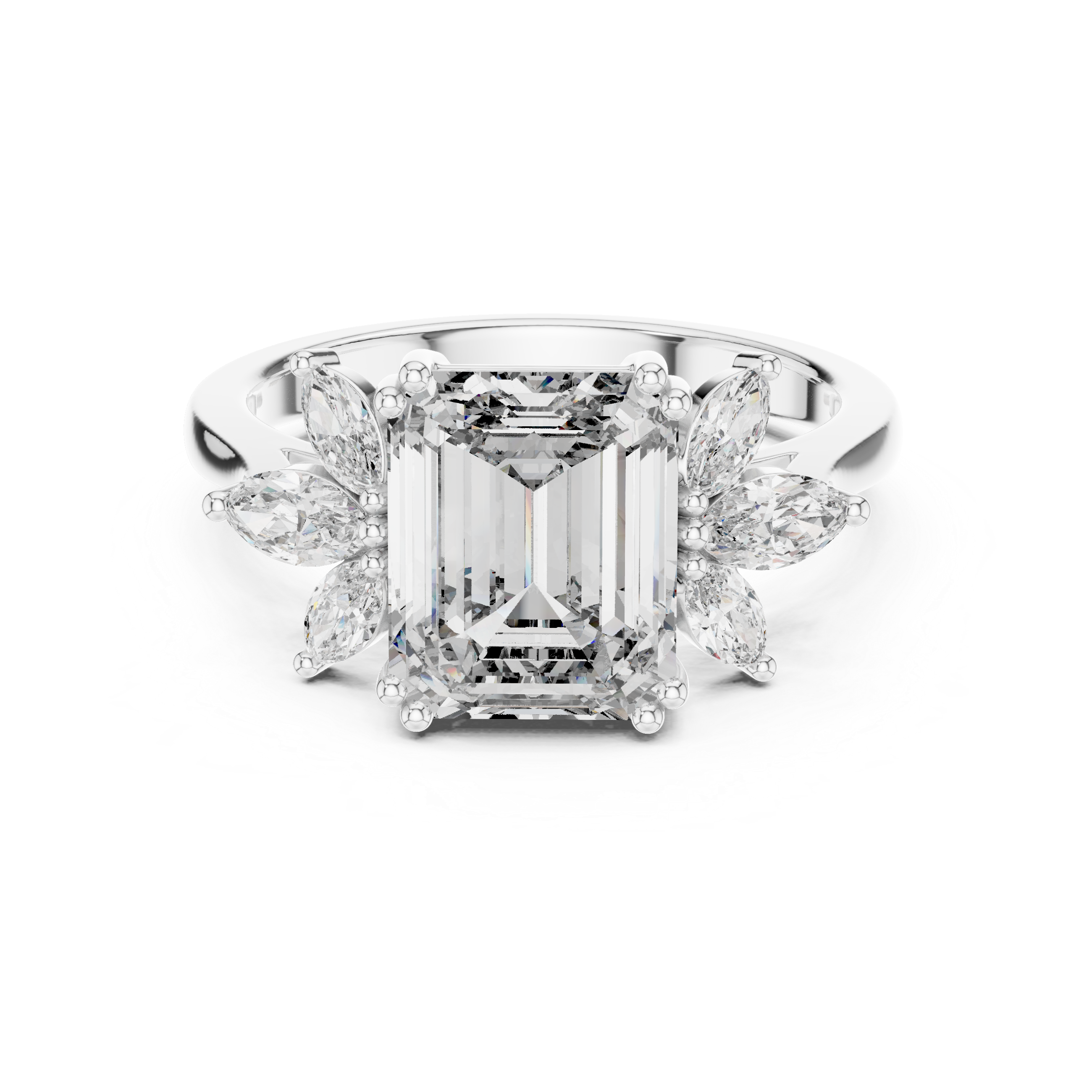 Gold 3Ct Solitaire Emerald Marquise Side Stone Lab Grown Diamond Erato Ring