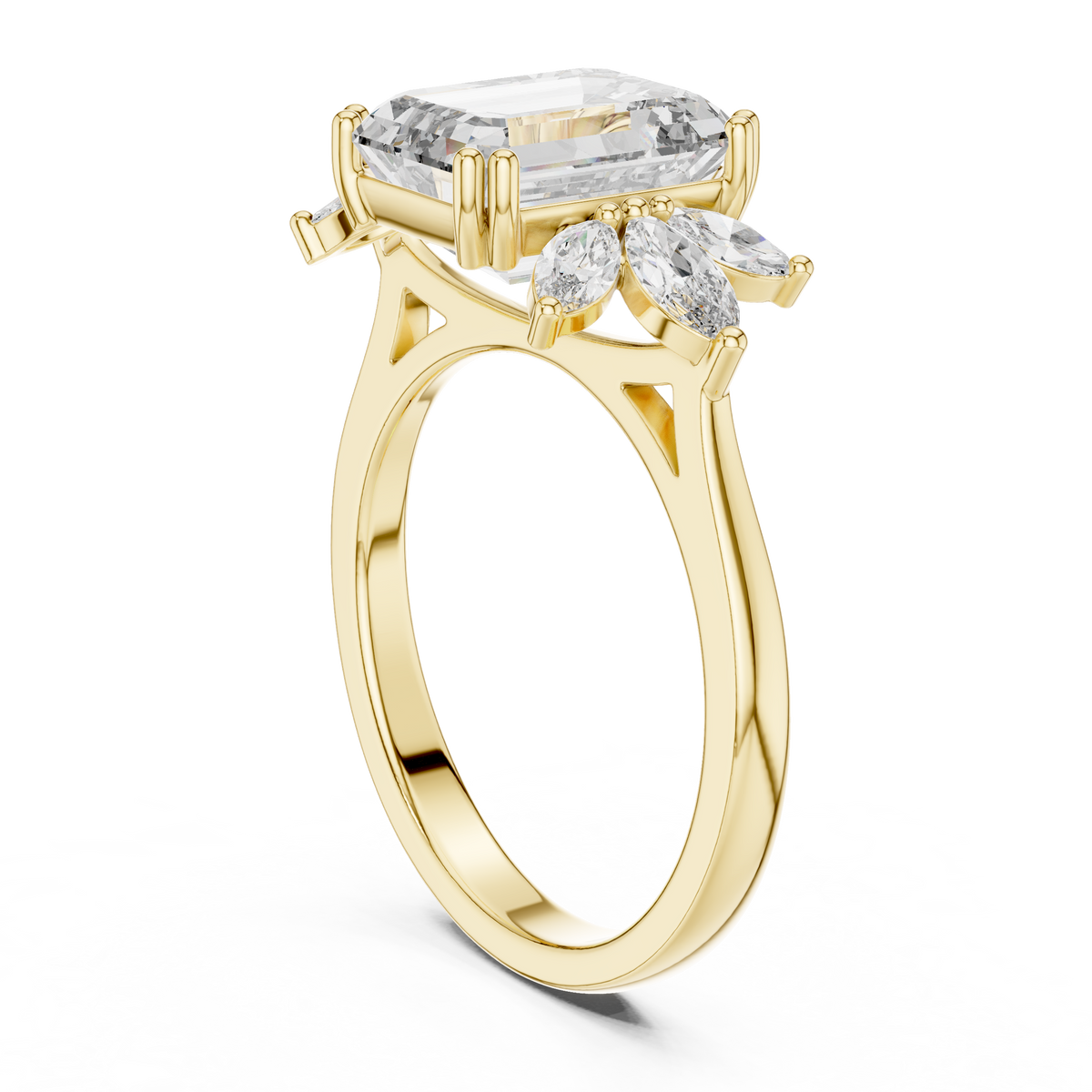 Gold 3Ct Solitaire Emerald Marquise Side Stone Lab Grown Diamond Erato Ring