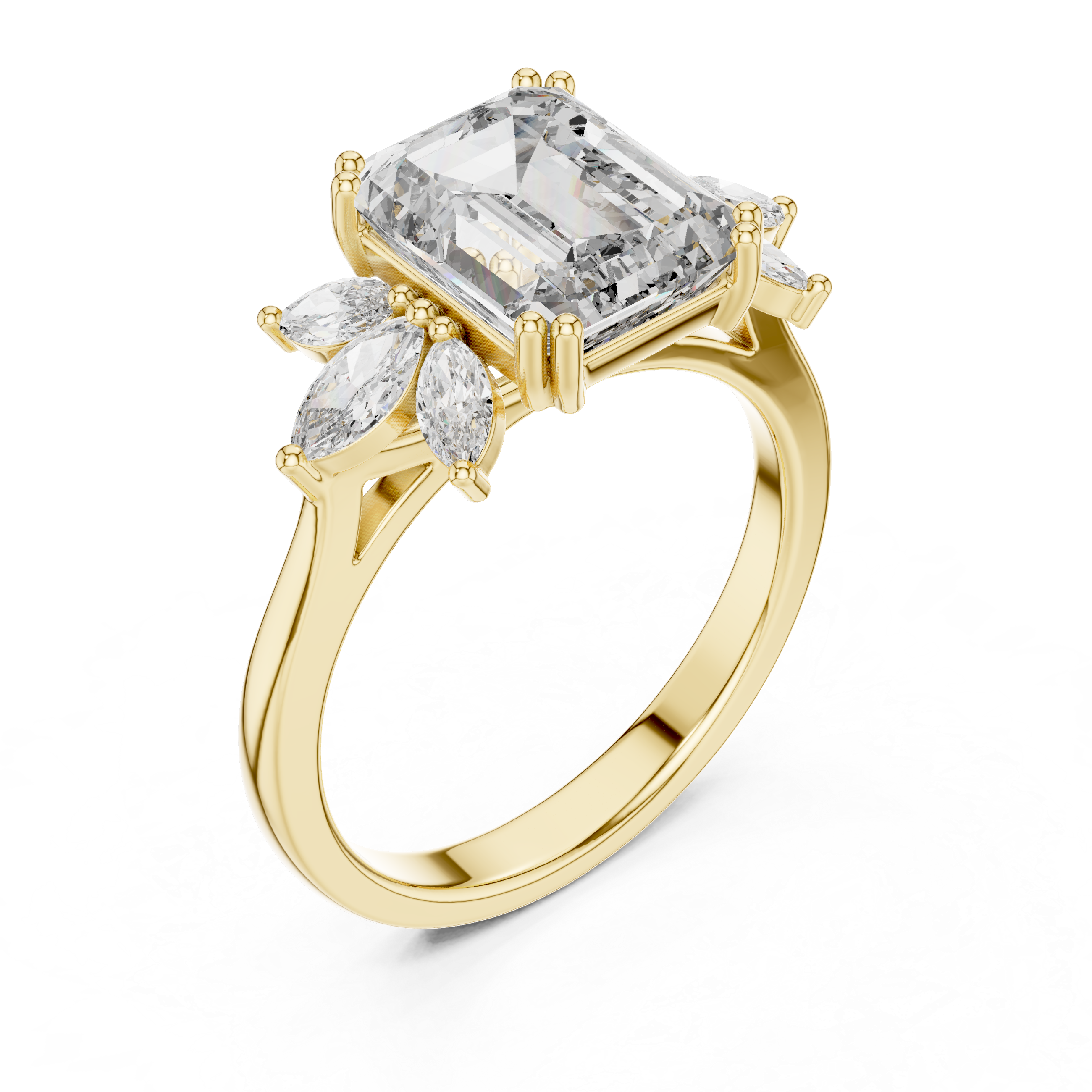 Gold 3Ct Solitaire Emerald Marquise Side Stone Lab Grown Diamond Erato Ring