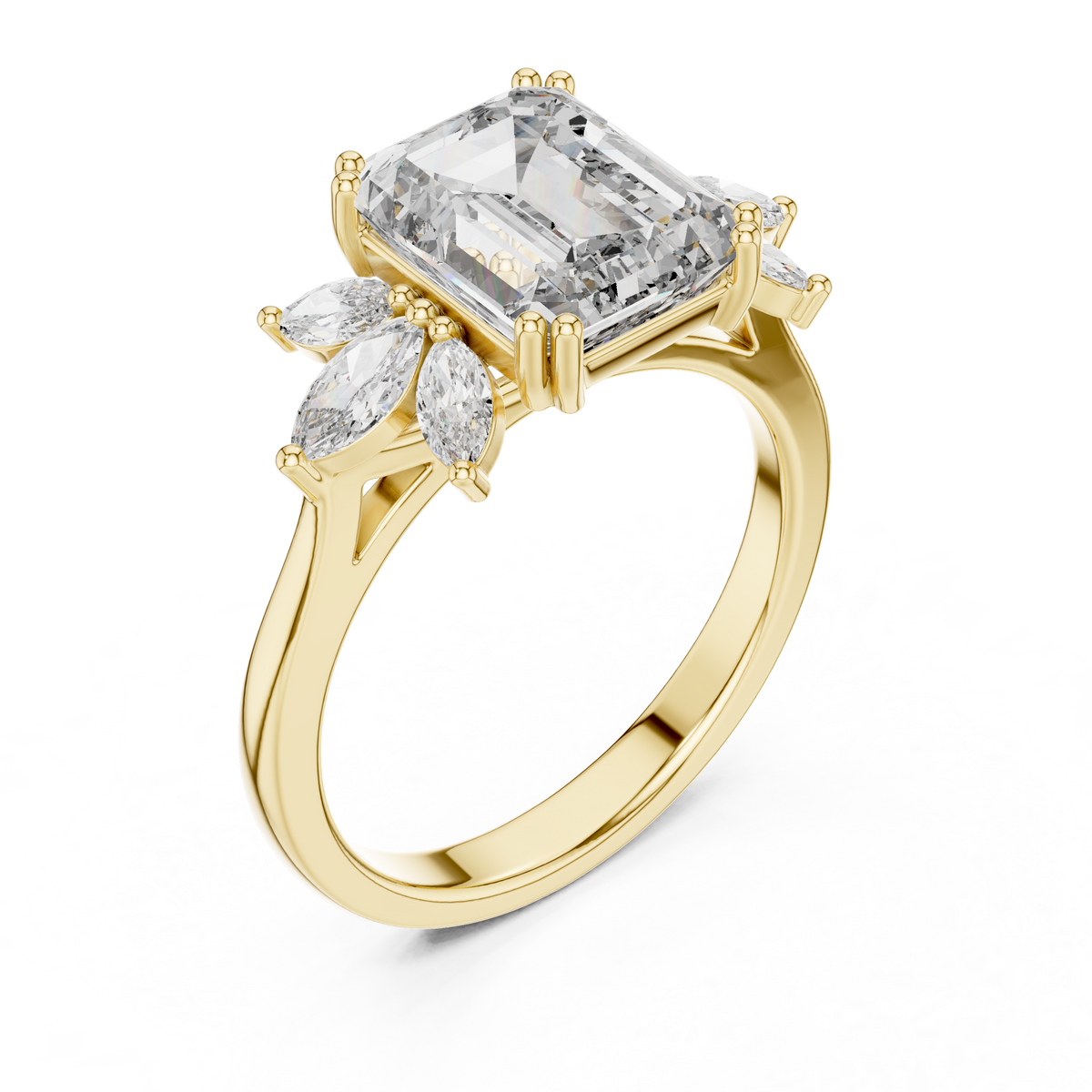 Gold 3Ct Solitaire Emerald Marquise Side Stone Lab Grown Diamond Erato Ring