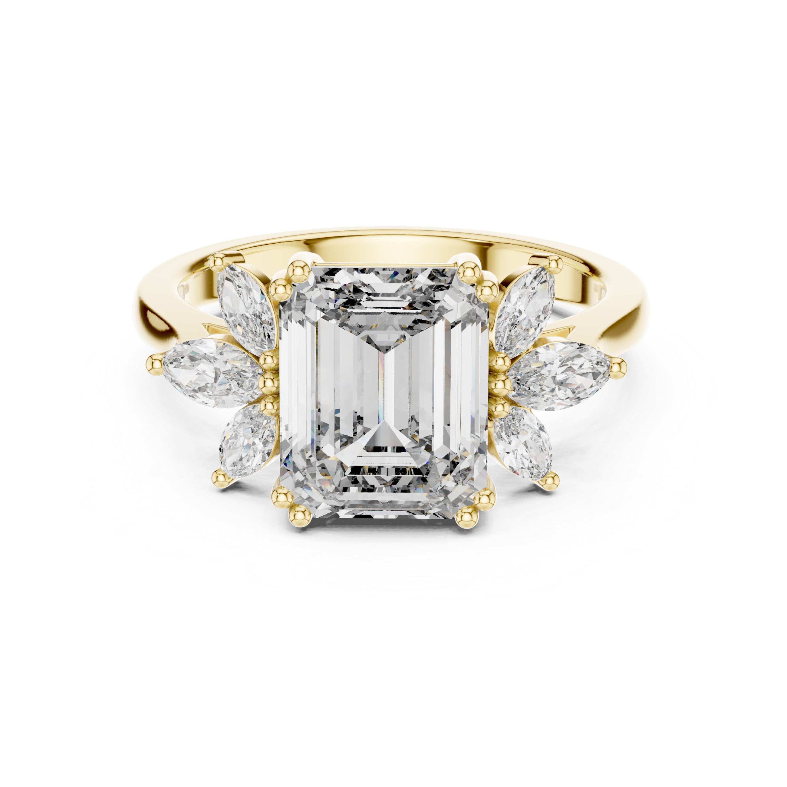Gold 3Ct Solitaire Emerald Marquise Side Stone Lab Grown Diamond Erato Ring