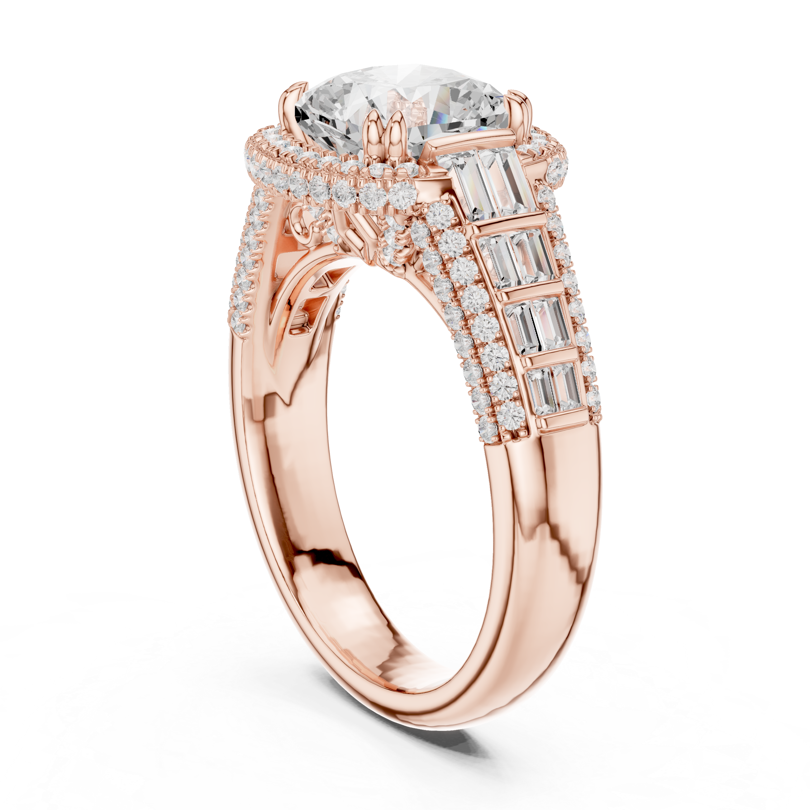 Gold 3Ct Cushion Halo Pave Baguette Lab Grown Diamond Cireyne Ring