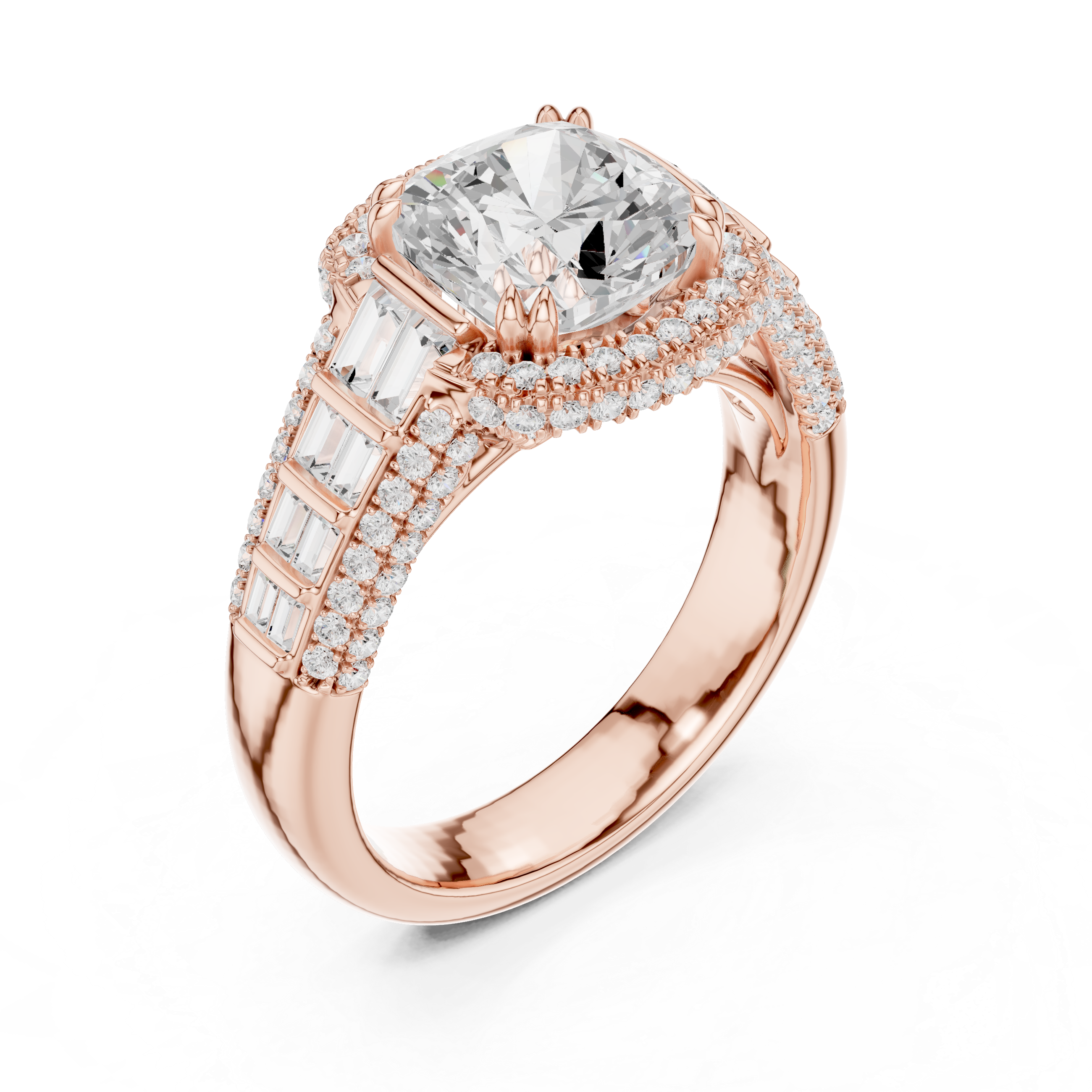 Gold 3Ct Cushion Halo Pave Baguette Lab Grown Diamond Cireyne Ring