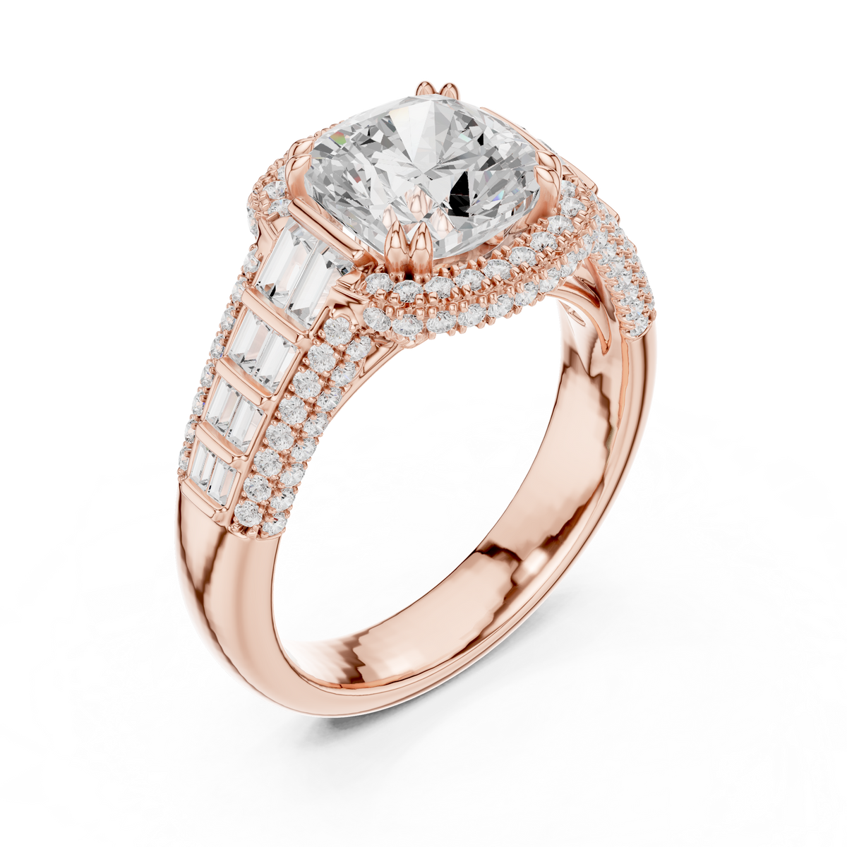 Gold 3Ct Cushion Halo Pave Baguette Lab Grown Diamond Cireyne Ring