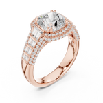 Gold 3Ct Cushion Halo Pave Baguette Lab Grown Diamond Cireyne Ring