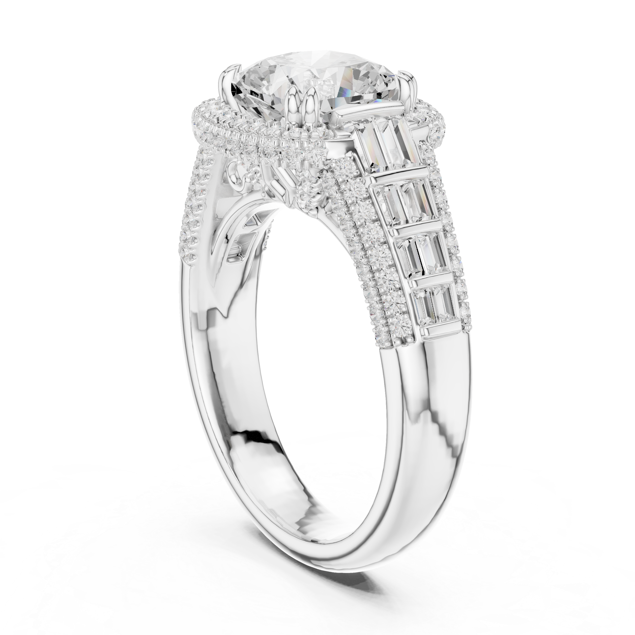 Gold 3Ct Cushion Halo Pave Baguette Lab Grown Diamond Cireyne Ring