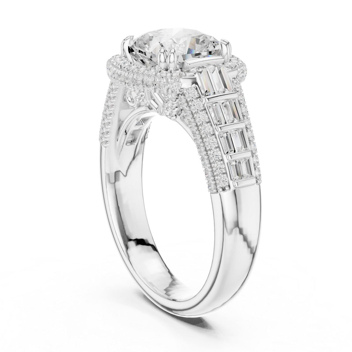 Gold 3Ct Cushion Halo Pave Baguette Lab Grown Diamond Cireyne Ring
