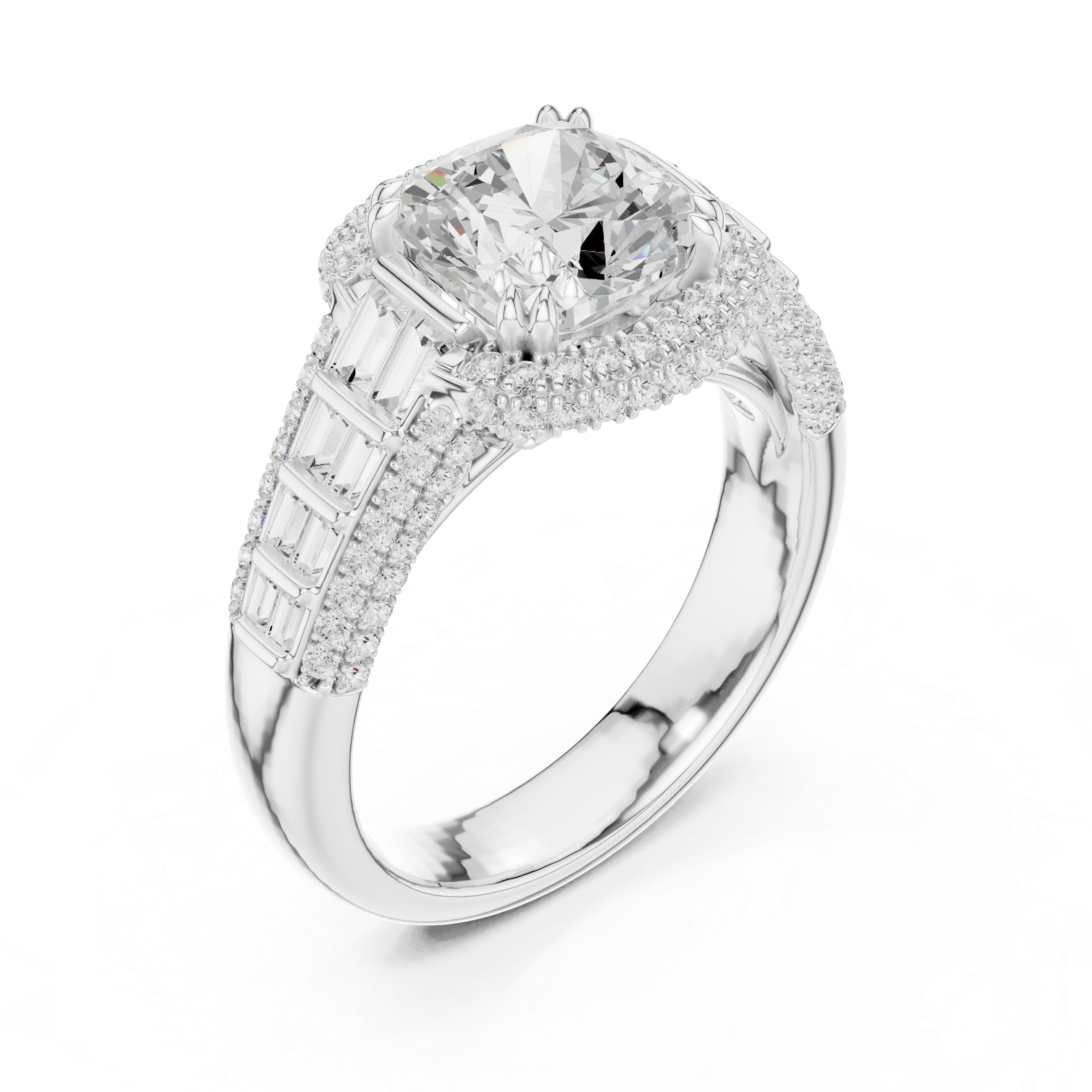 Gold 3Ct Cushion Halo Pave Baguette Lab Grown Diamond Cireyne Ring