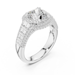 Gold 3Ct Cushion Halo Pave Baguette Lab Grown Diamond Cireyne Ring