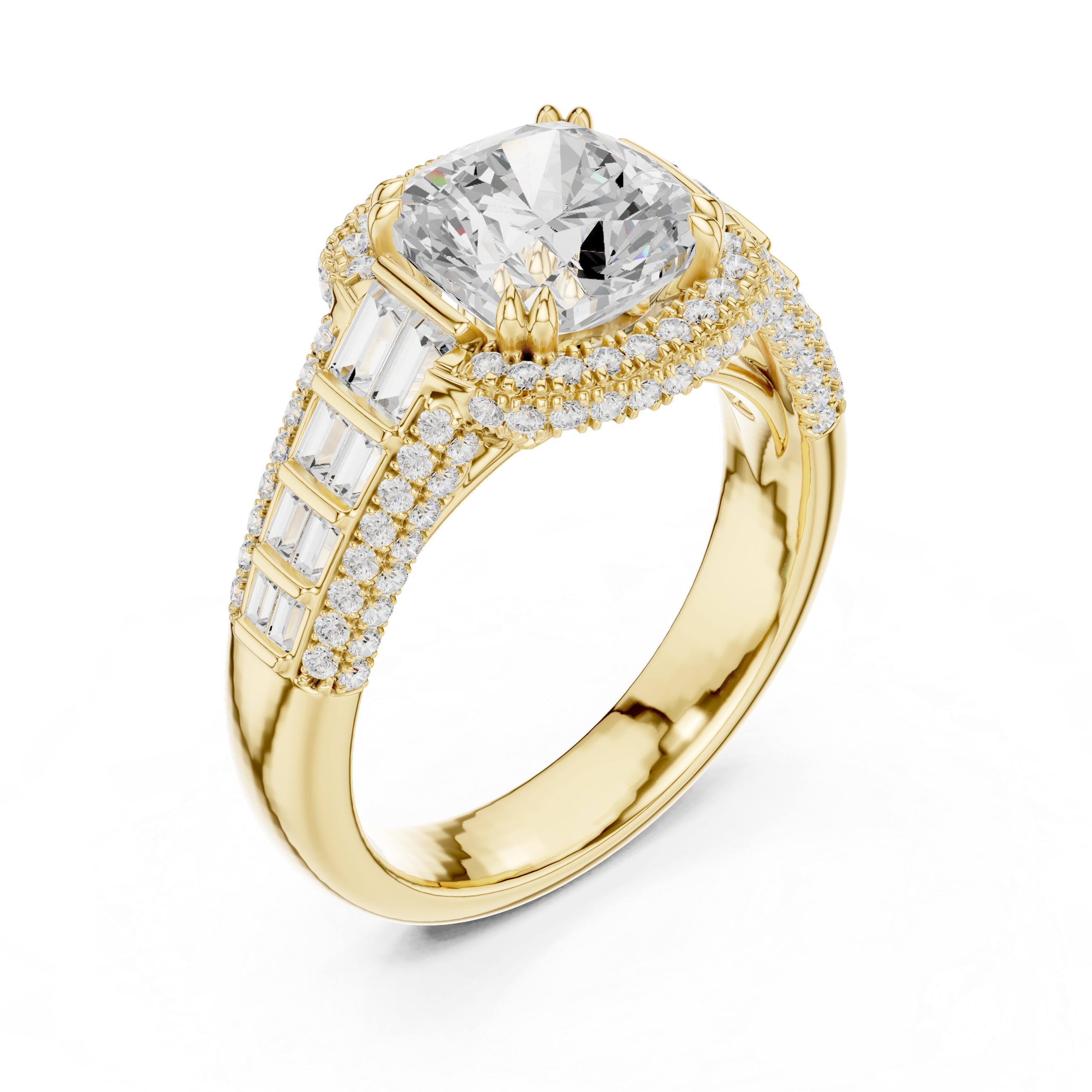 Gold 3Ct Cushion Halo Pave Baguette Lab Grown Diamond Cireyne Ring