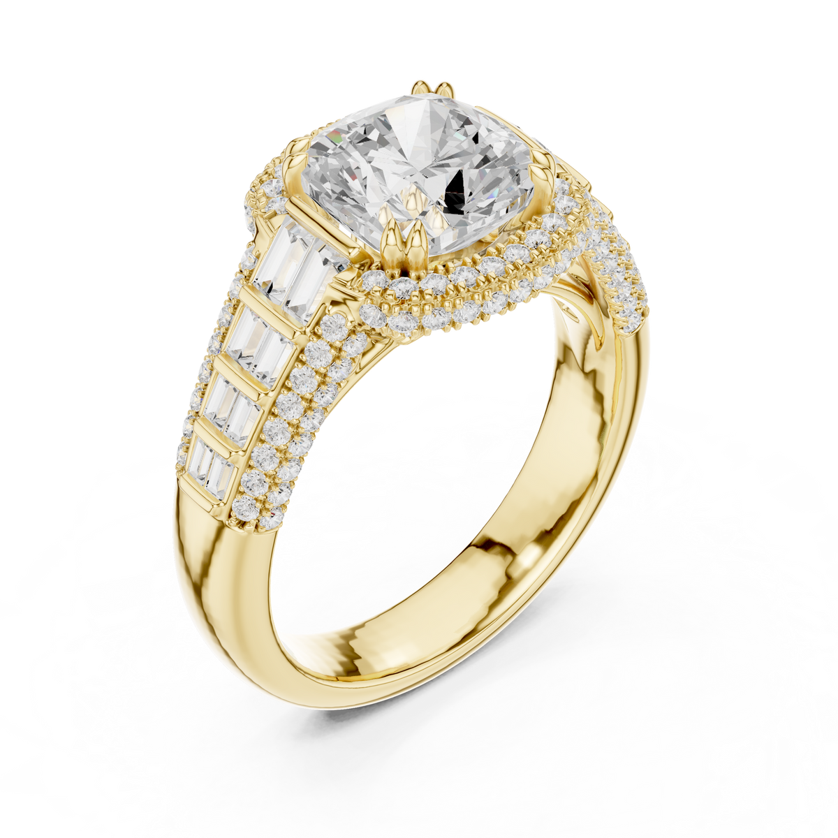 Gold 3Ct Cushion Halo Pave Baguette Lab Grown Diamond Cireyne Ring