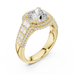 Gold 3Ct Cushion Halo Pave Baguette Lab Grown Diamond Cireyne Ring