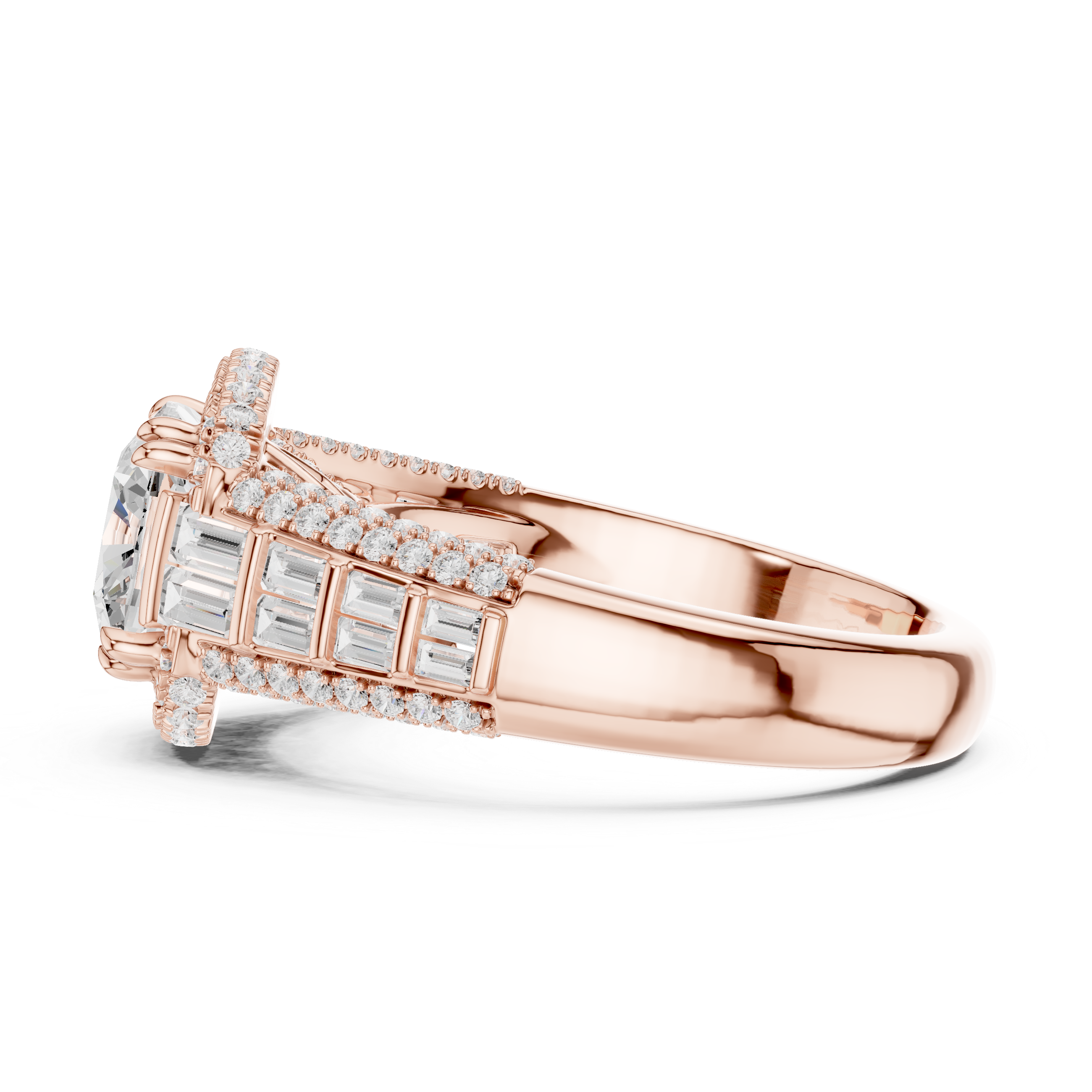 Gold 3Ct Cushion Halo Pave Baguette Lab Grown Diamond Cireyne Ring