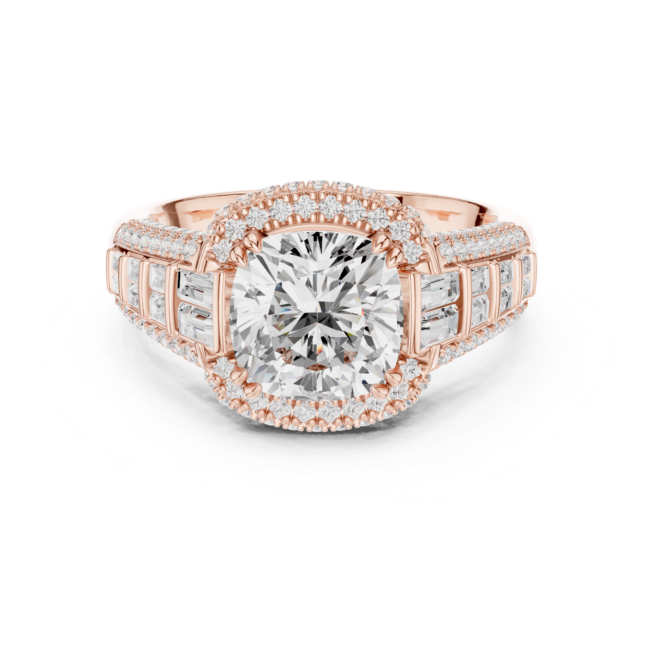 Gold 3Ct Cushion Halo Pave Baguette Lab Grown Diamond Cireyne Ring