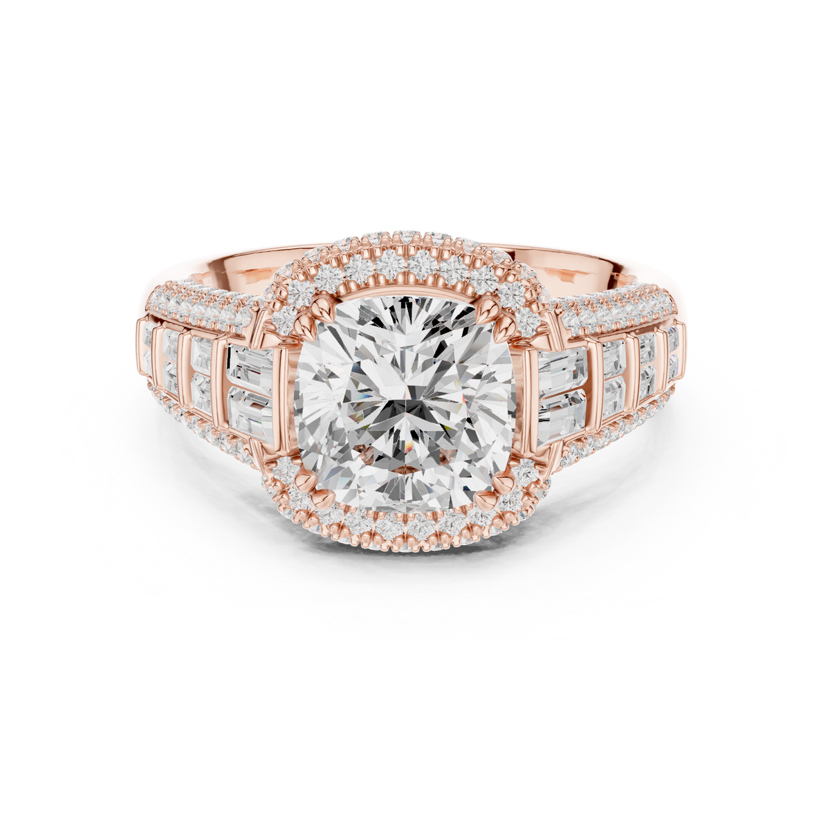 Gold 3Ct Cushion Halo Pave Baguette Lab Grown Diamond Cireyne Ring