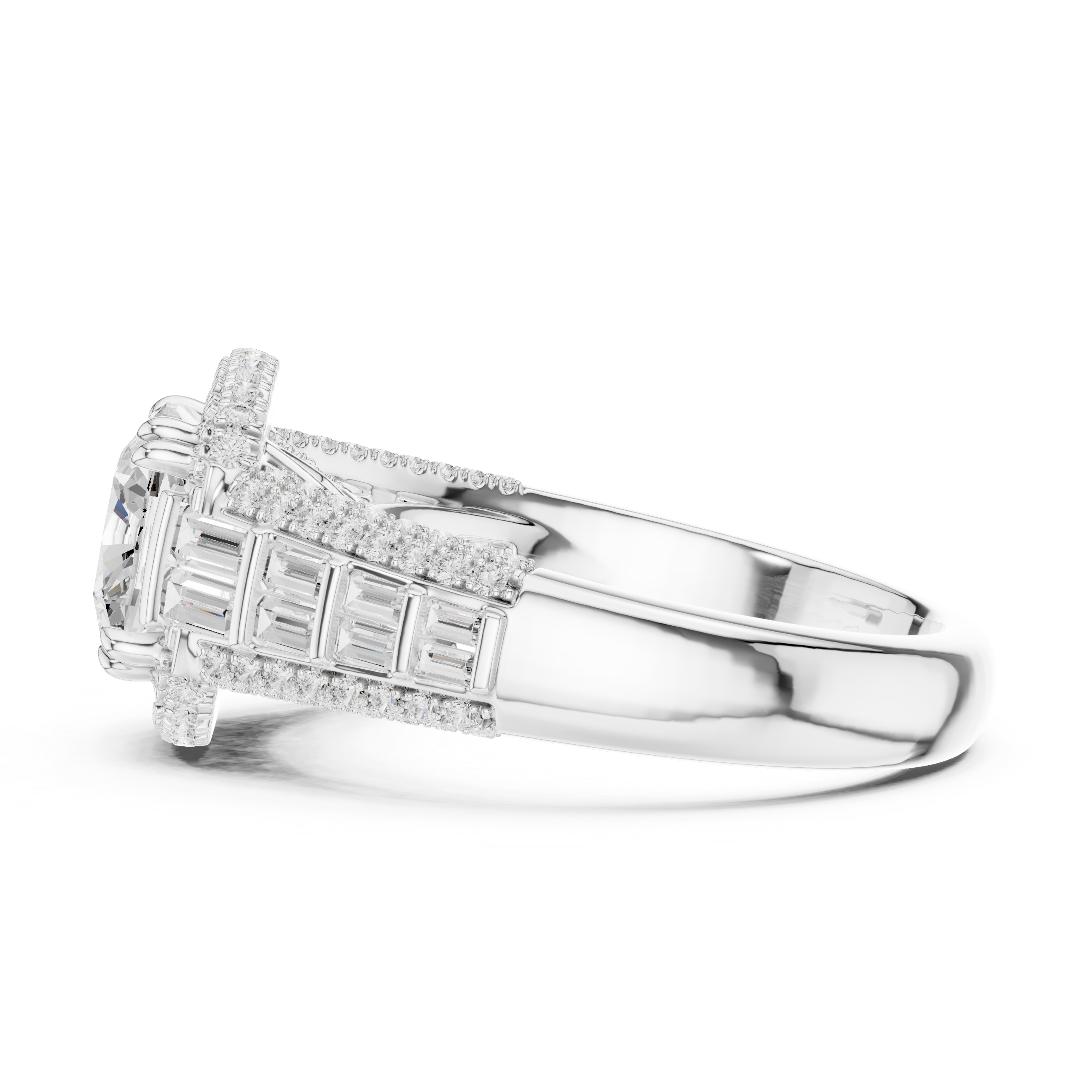 Gold 3Ct Cushion Halo Pave Baguette Lab Grown Diamond Cireyne Ring